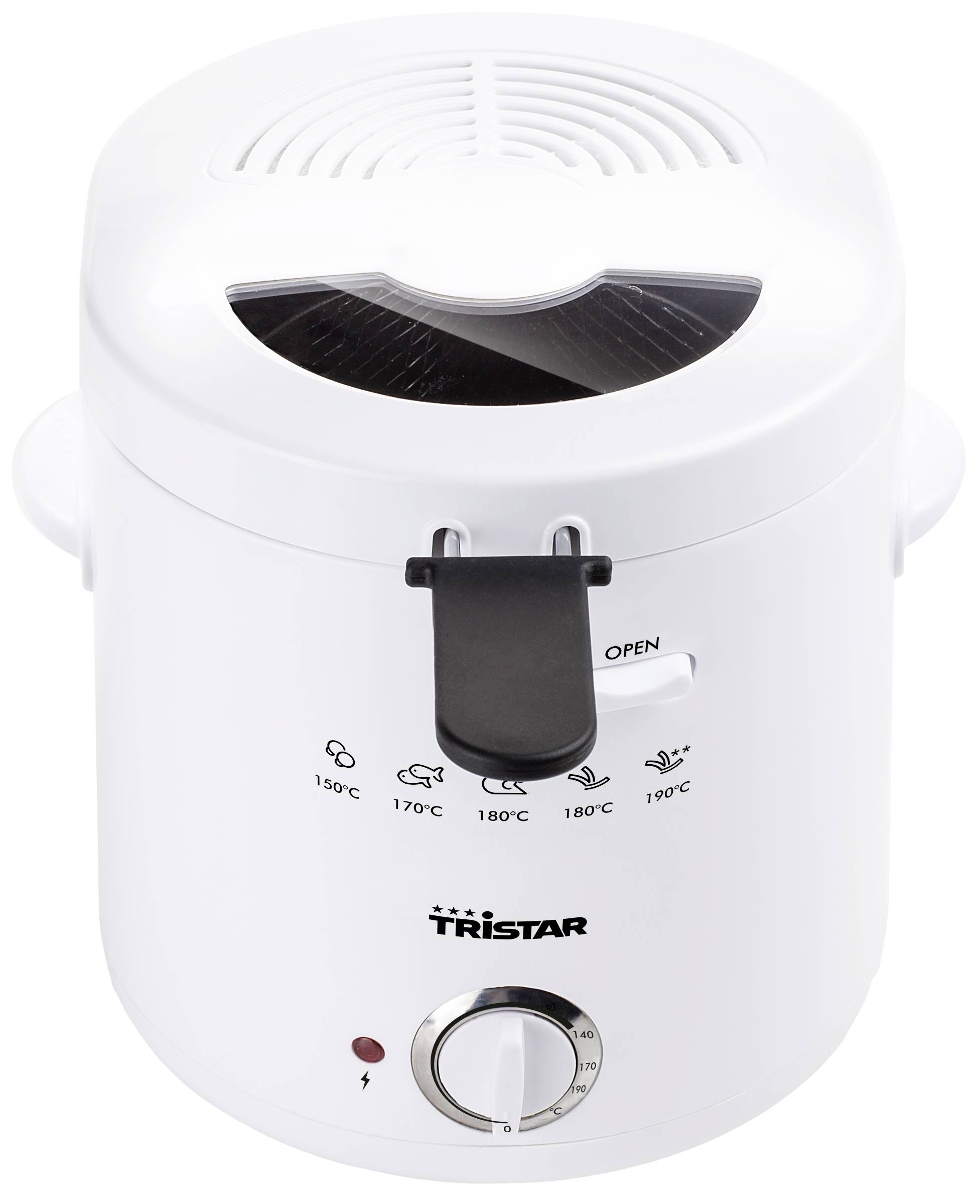 White Tristar deep fryer with temperature selection dial, temperature display and black lever for opening.