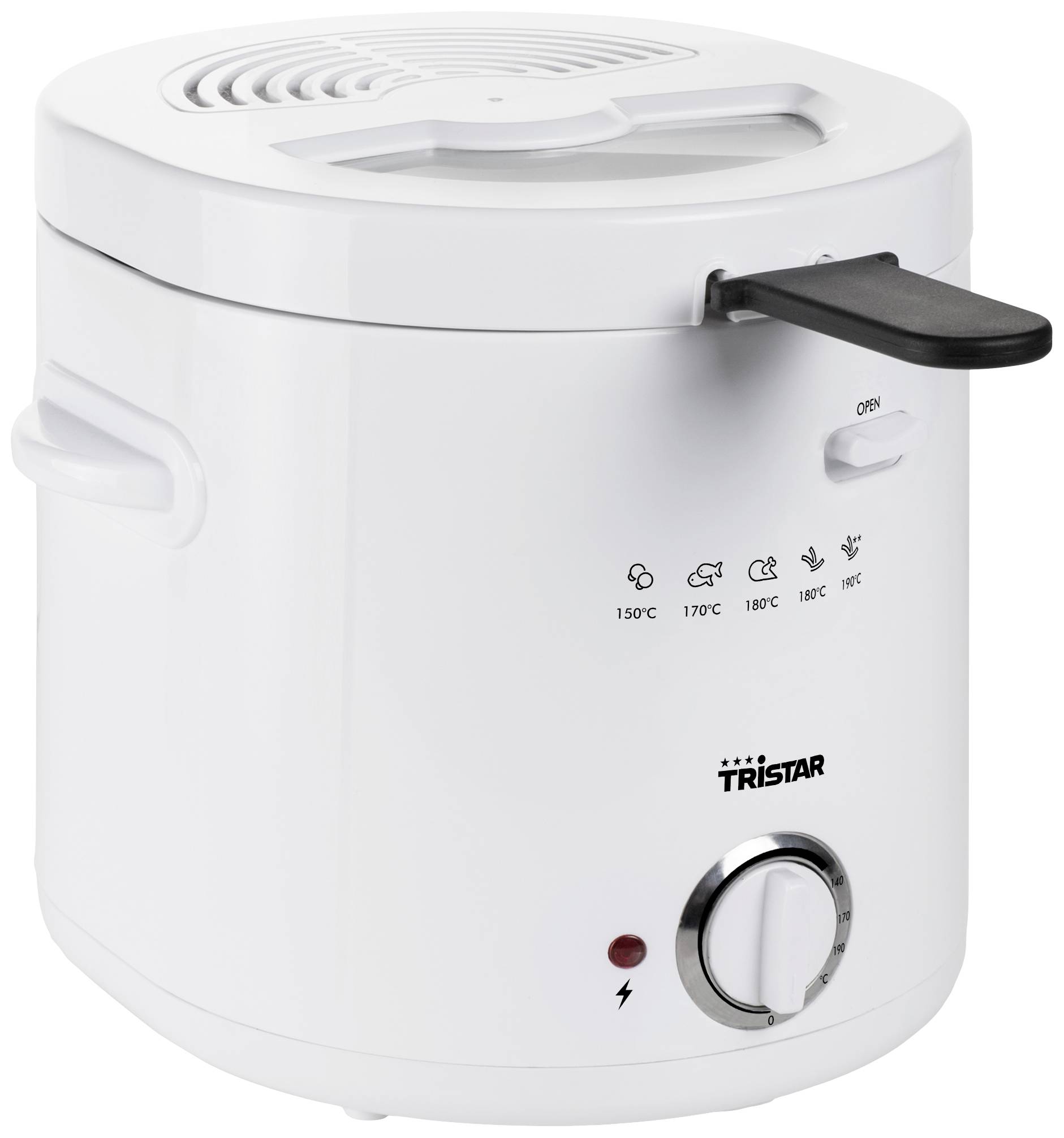 A white Tristar deep fat fryer with temperature settings ranging from 150°C to 190°C and an adjustment knob on the front.