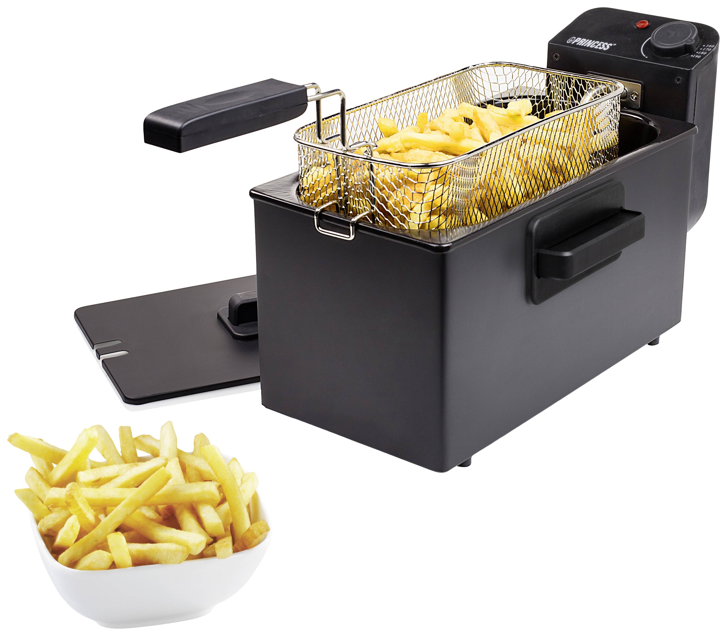 Deep fat fryer with a basket full of chips, alongside a bowl of cooked chips.