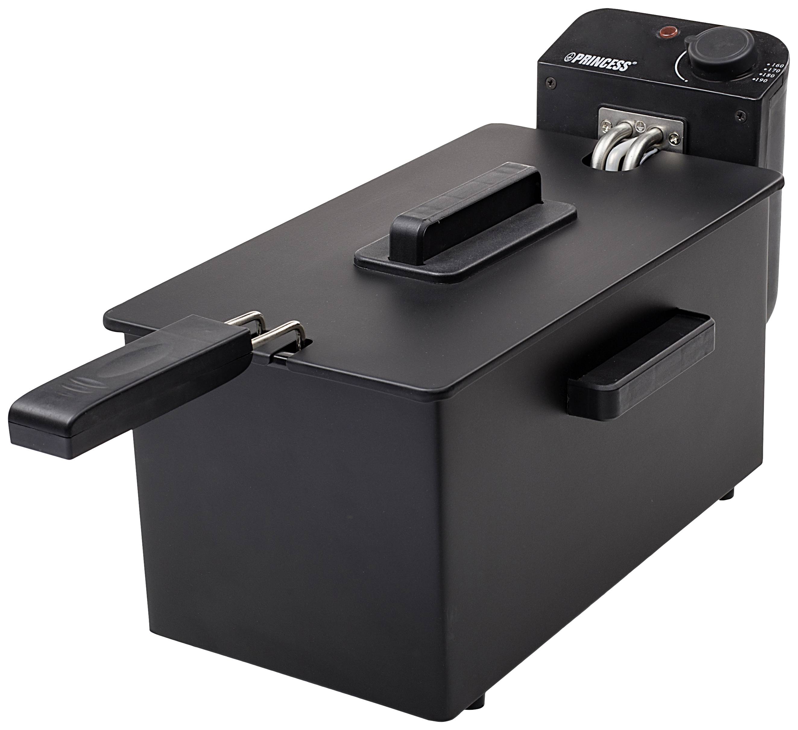 Black, rectangular deep fryer with a handle at the front and temperature scale in the top right corner. Suitable for deep-frying food.