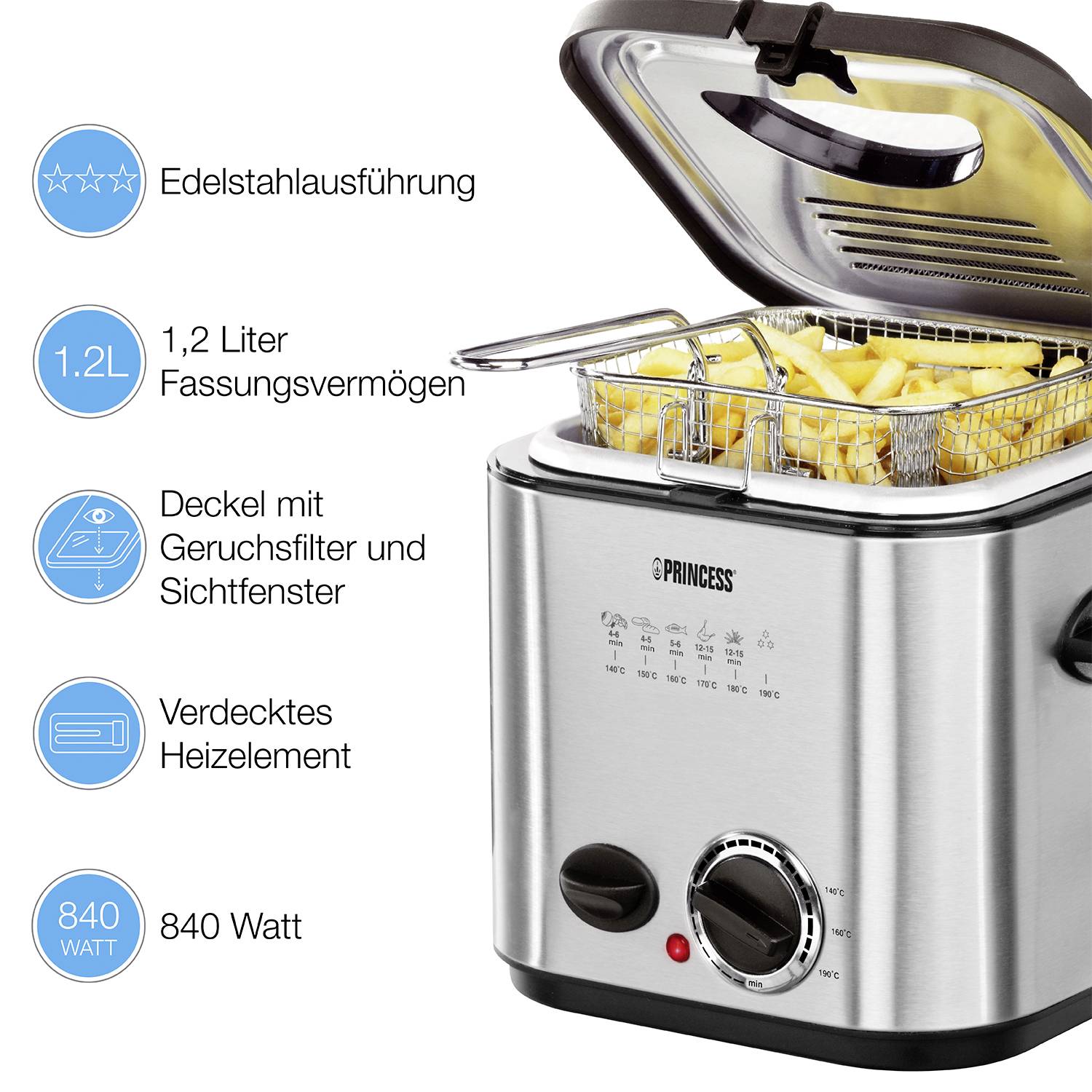 Stainless Steel Deep Fat Fryer with 1.2 litre capacity, lid with odour filter, concealed heating element and 840 watts of power. Includes chips.