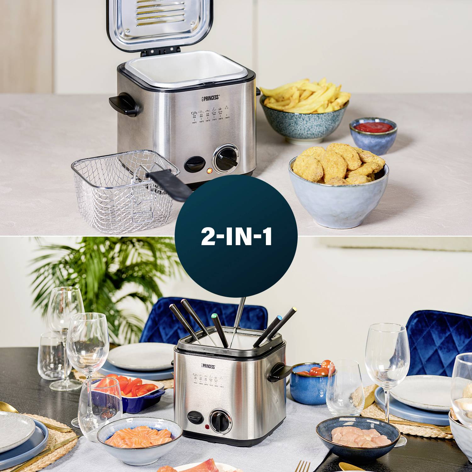 A 2-in-1 deep fat fryer and fondue set on a table. Crispy chips and chicken nuggets on top, fondue with several forks below.