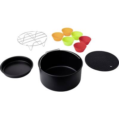 Kitchen accessory set with black pot, cake tin, muffin cases in red and green, rack and black trivet.