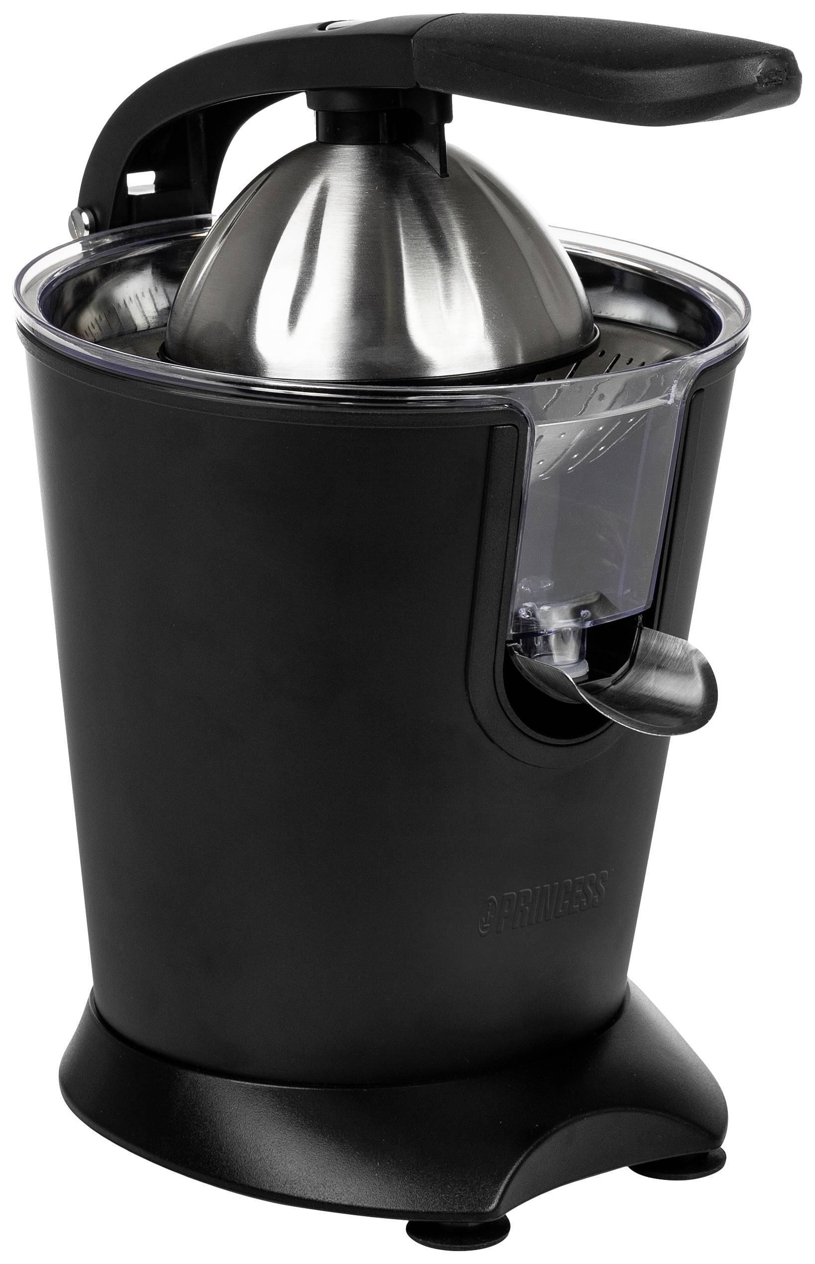 Electric citrus juicer with black casing, metal cone, and spout. Suitable for juicing citrus fruits.