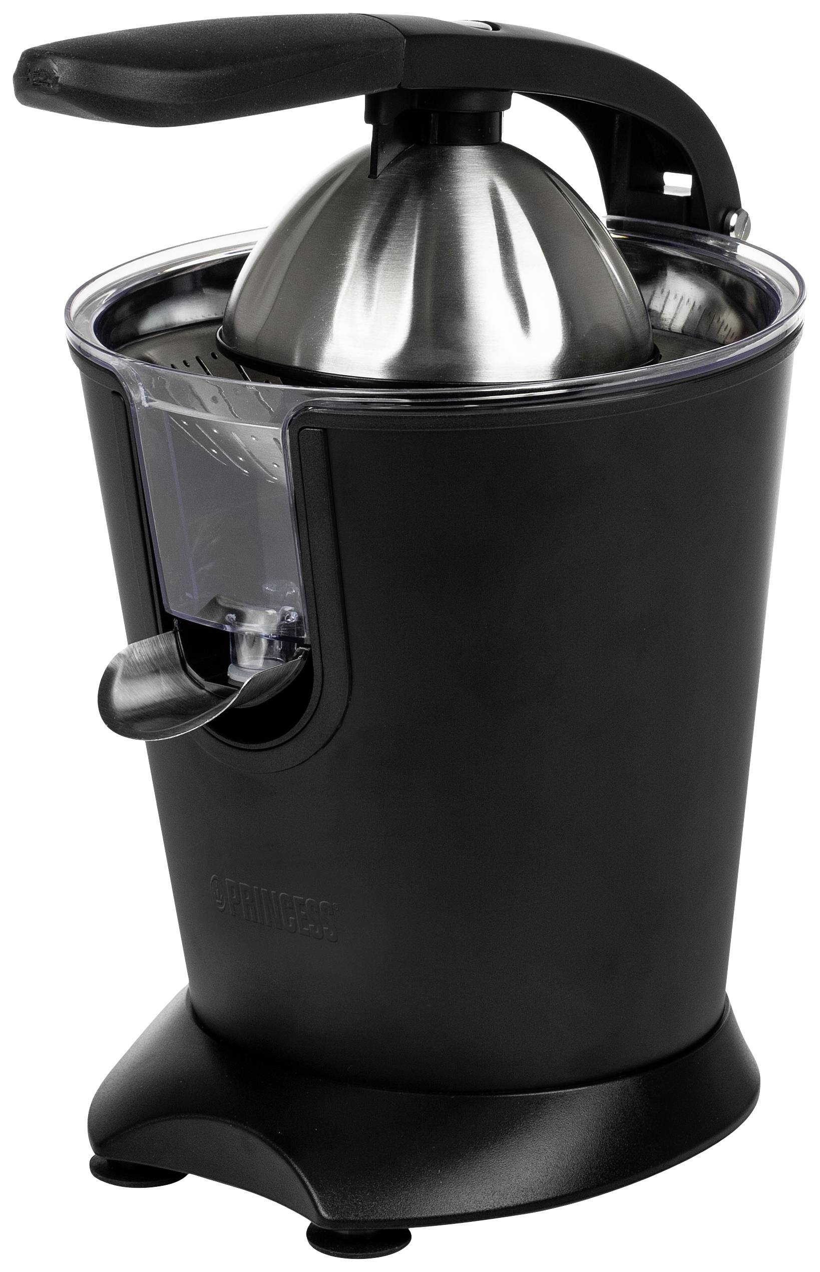 Black citrus press with lever mechanism and stainless steel cone, suitable for juicing oranges and other citrus fruits.