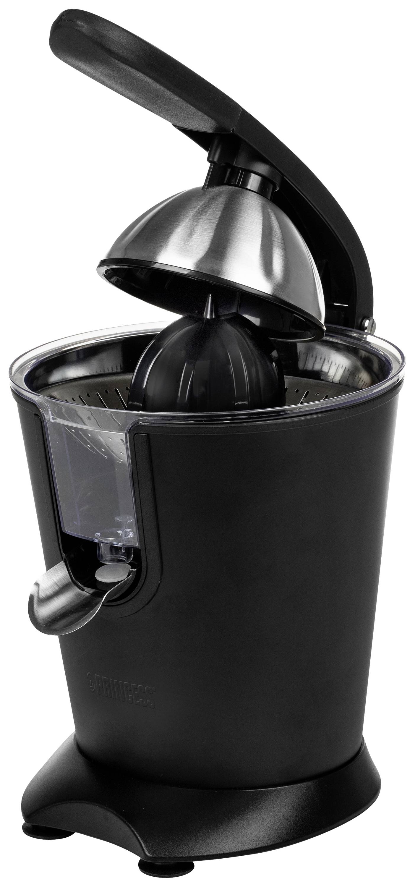 Electric juicer with a black casing and silver lever on top, closed with a transparent drip guard on the side.