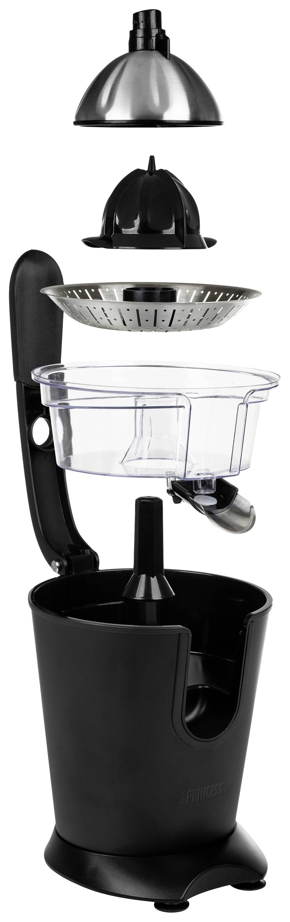 'Exploded View of a Black Citrus Juicer' – The components of the juicer are arranged one above another in the order of their assembly.