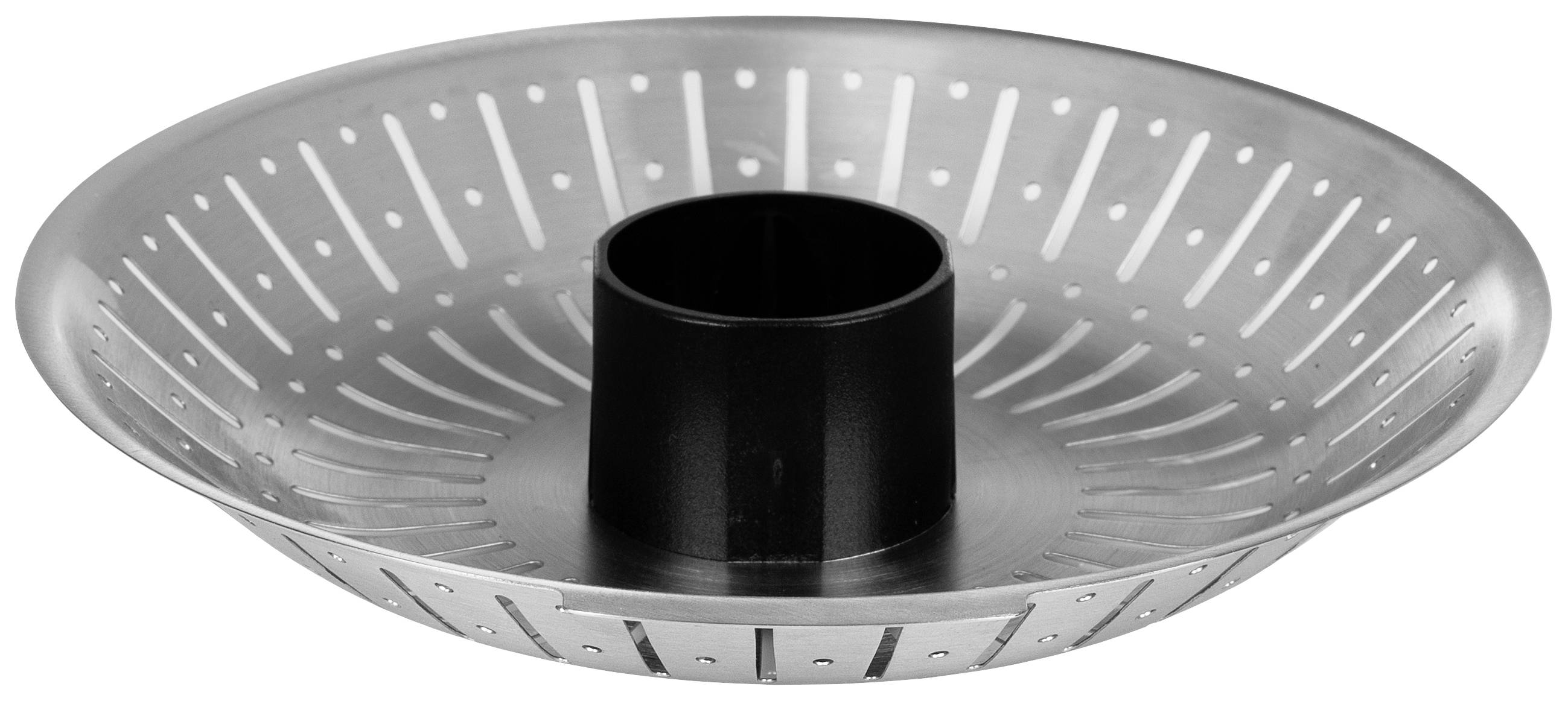 A metal meat roaster with a medium-sized tube, perforated sides for even heat distribution when roasting.