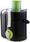 A black juicer with a green control knob and filling nozzle. Side view shows an on and off switch.