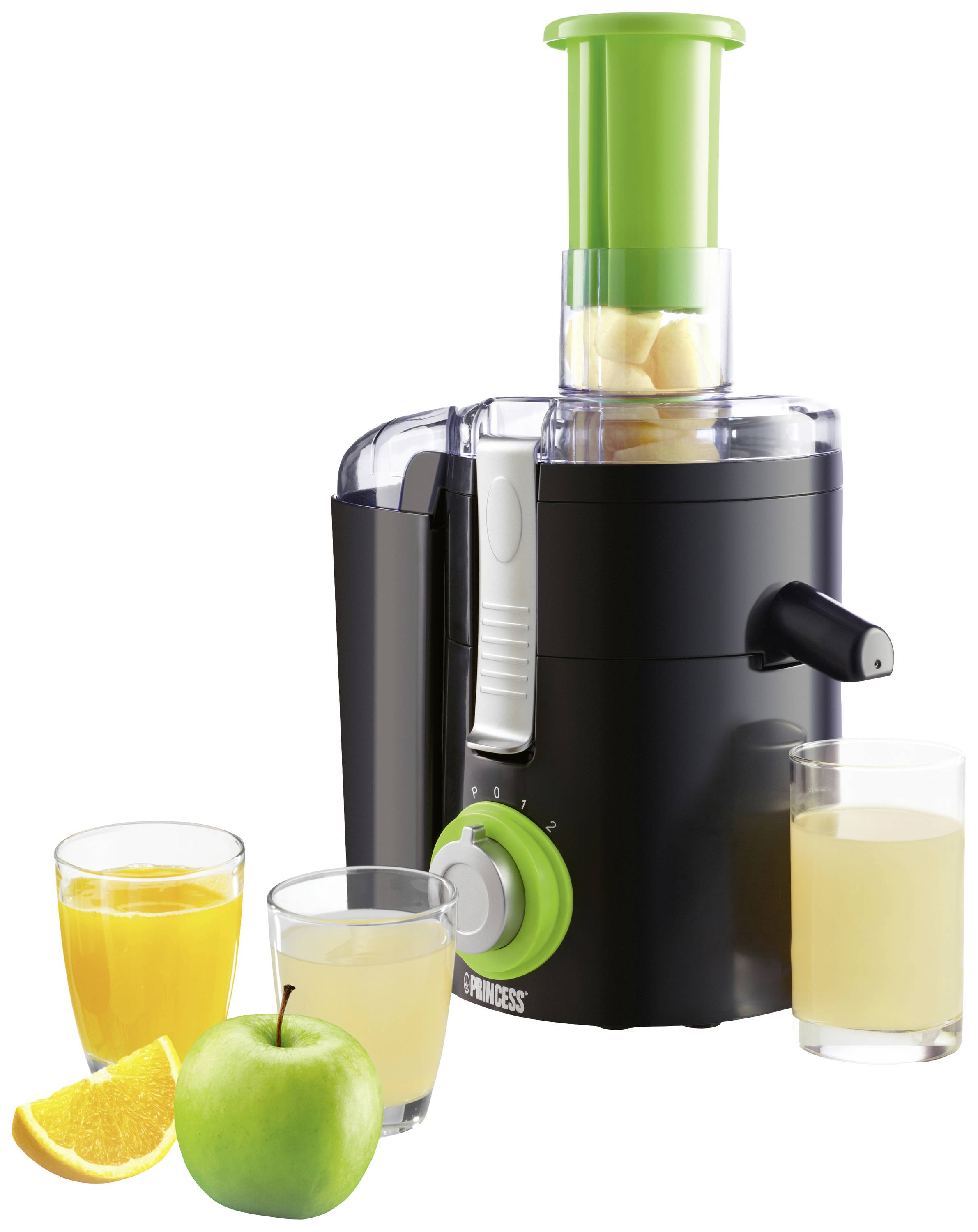 Juicer with three glasses of juice, an apple and half an orange.
