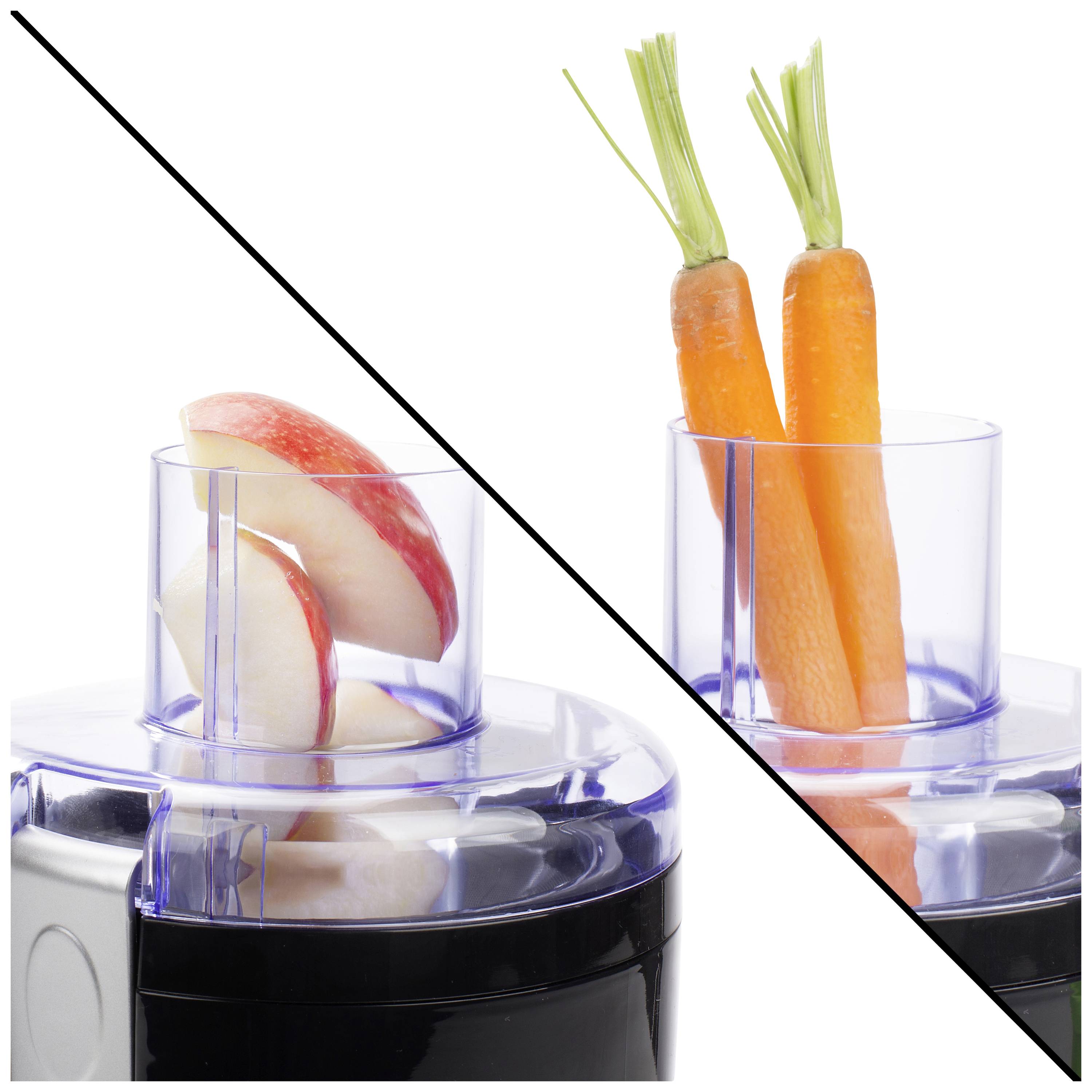 'A juicer divided into two halves: on the left apple slices, on the right two carrots. Demonstrates the versatility of the appliance.'