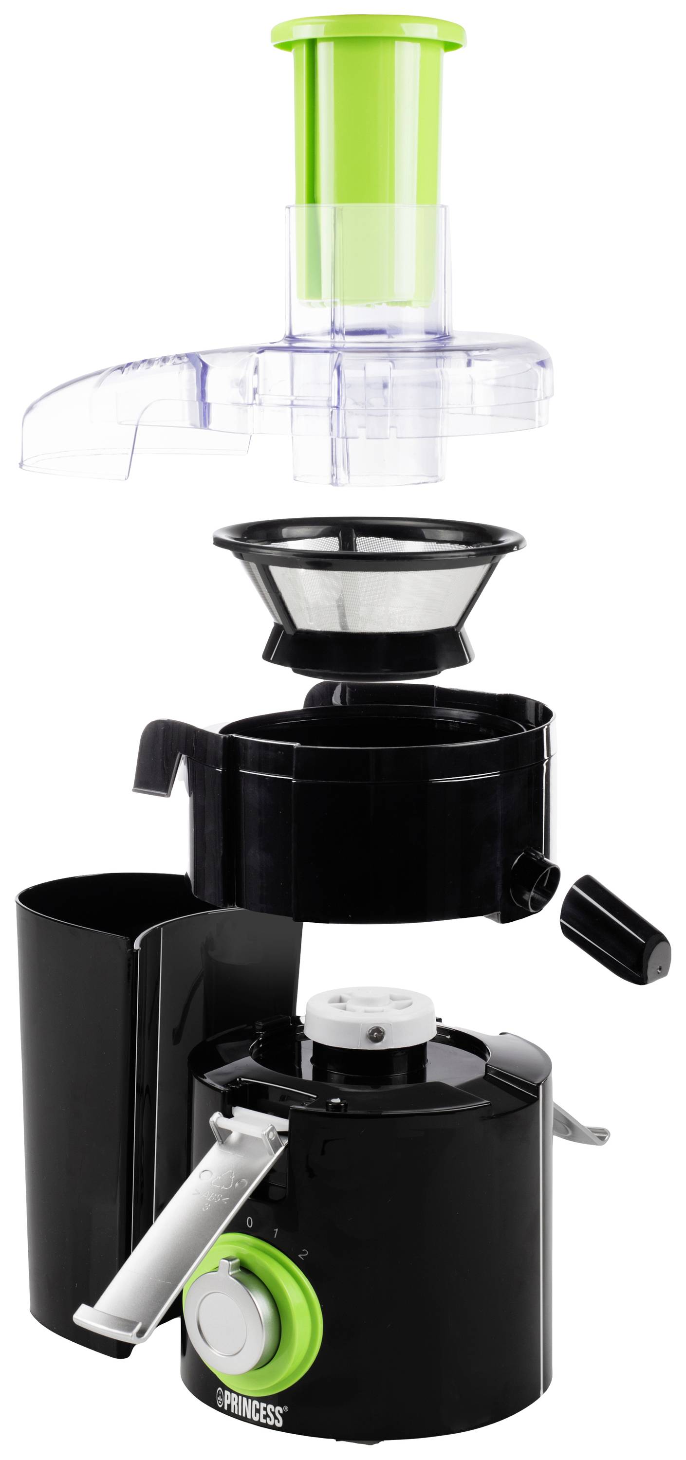 Exploded diagram of a black juicer with green accents. Parts: Lid with filling support, sieve, juice container, and base with switch.