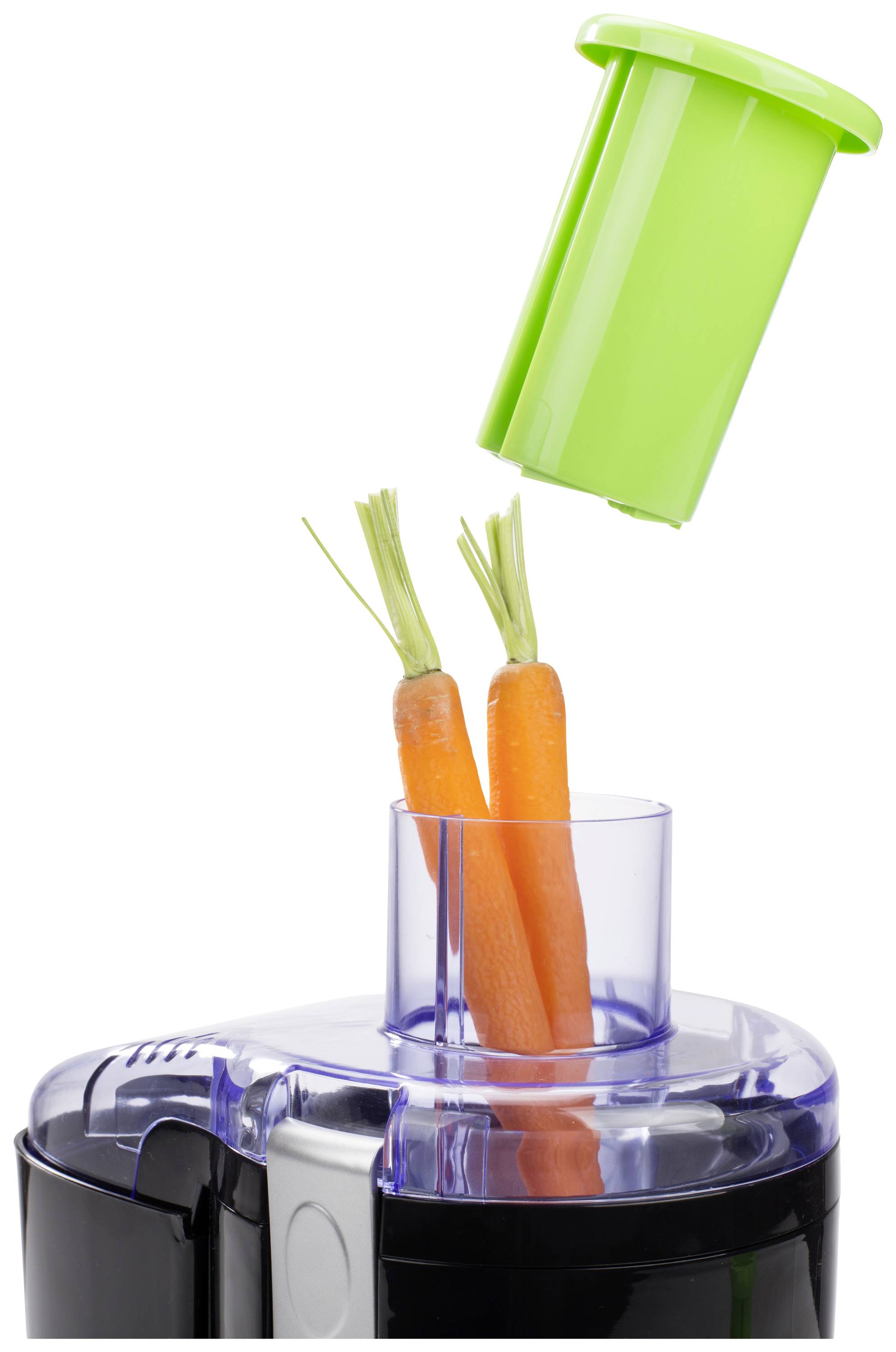 Juicer with two carrots in the feed chute, lid lifted to start the juicing process.
