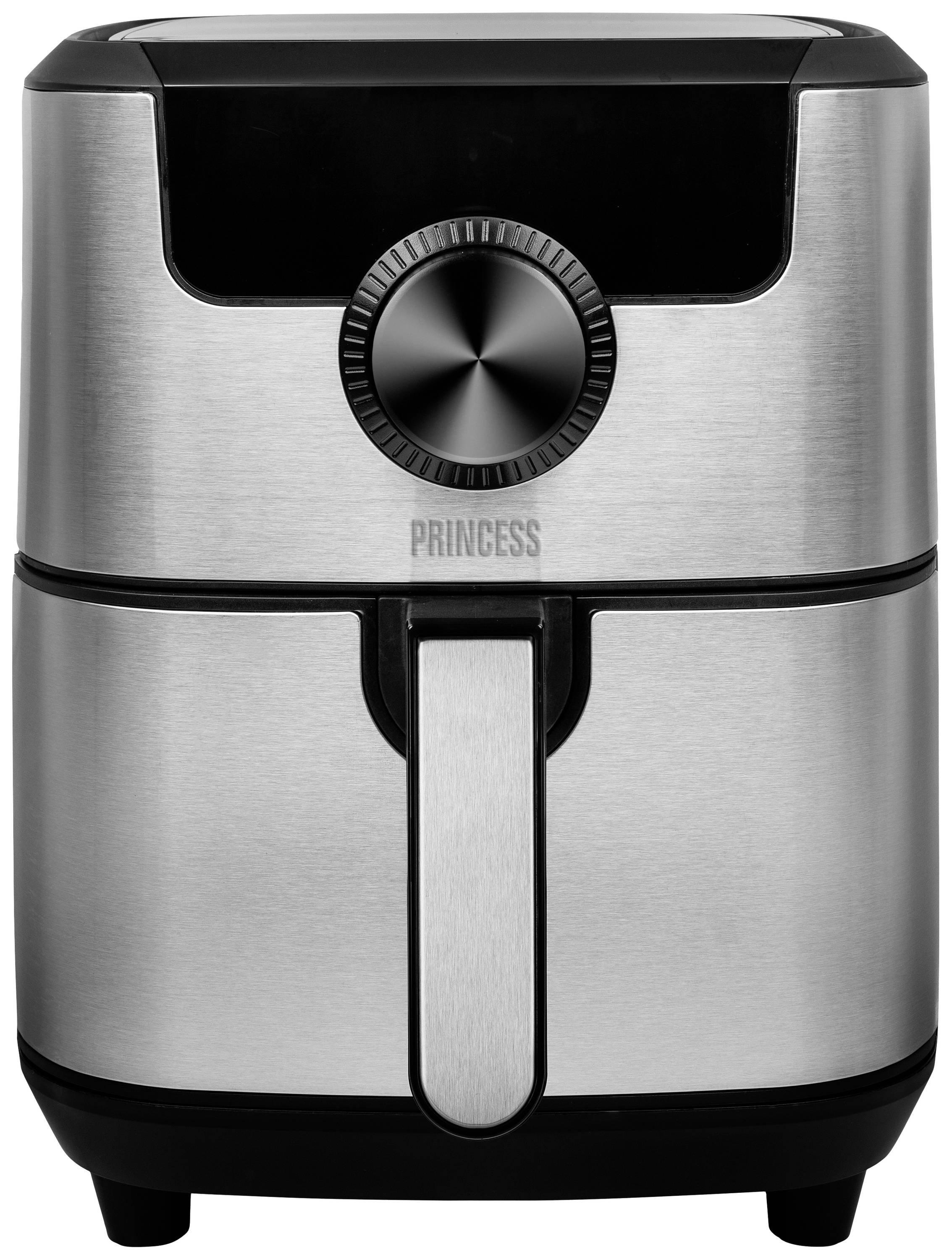 Silver hot air fryer with a large dial at the front, with the word 'Princess' written on it.