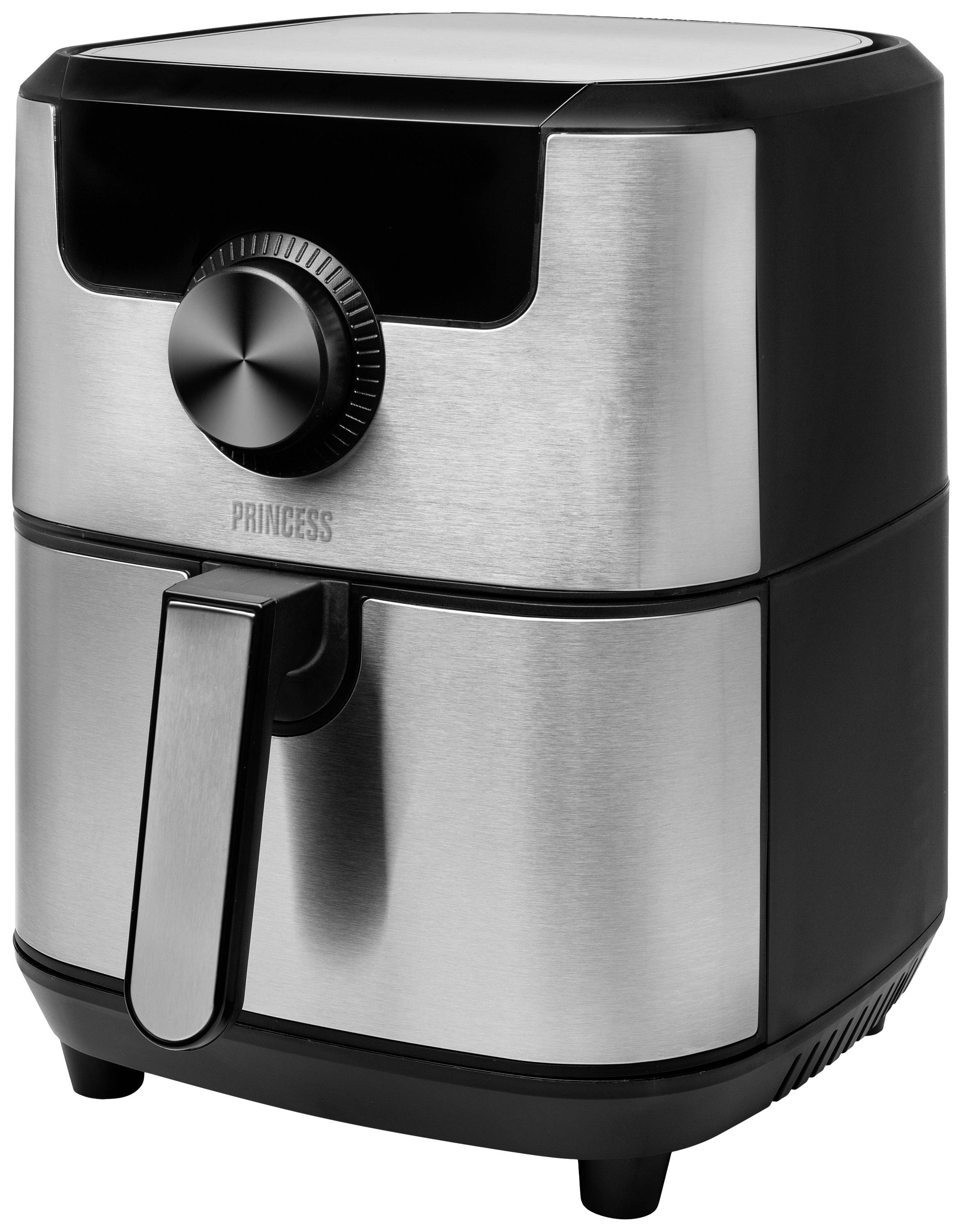 Stainless steel air fryer with black plastic frame, featuring a rotary knob and handle on the front panel.