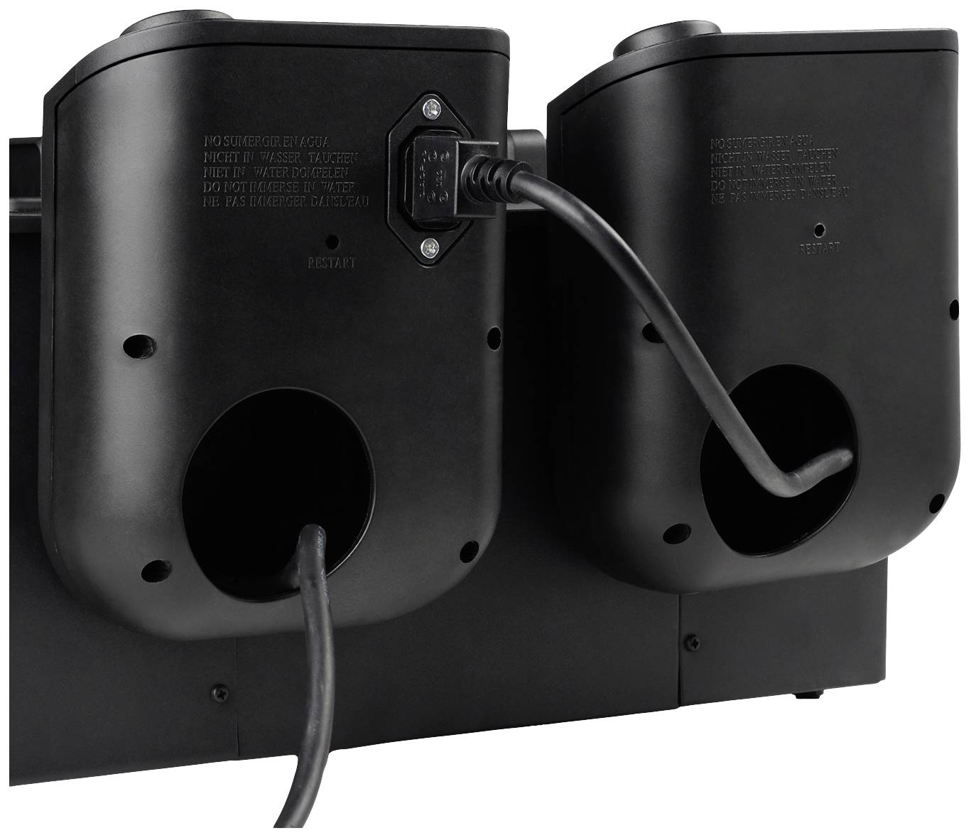 A black device shows its rear side with two power sockets and connection cables.