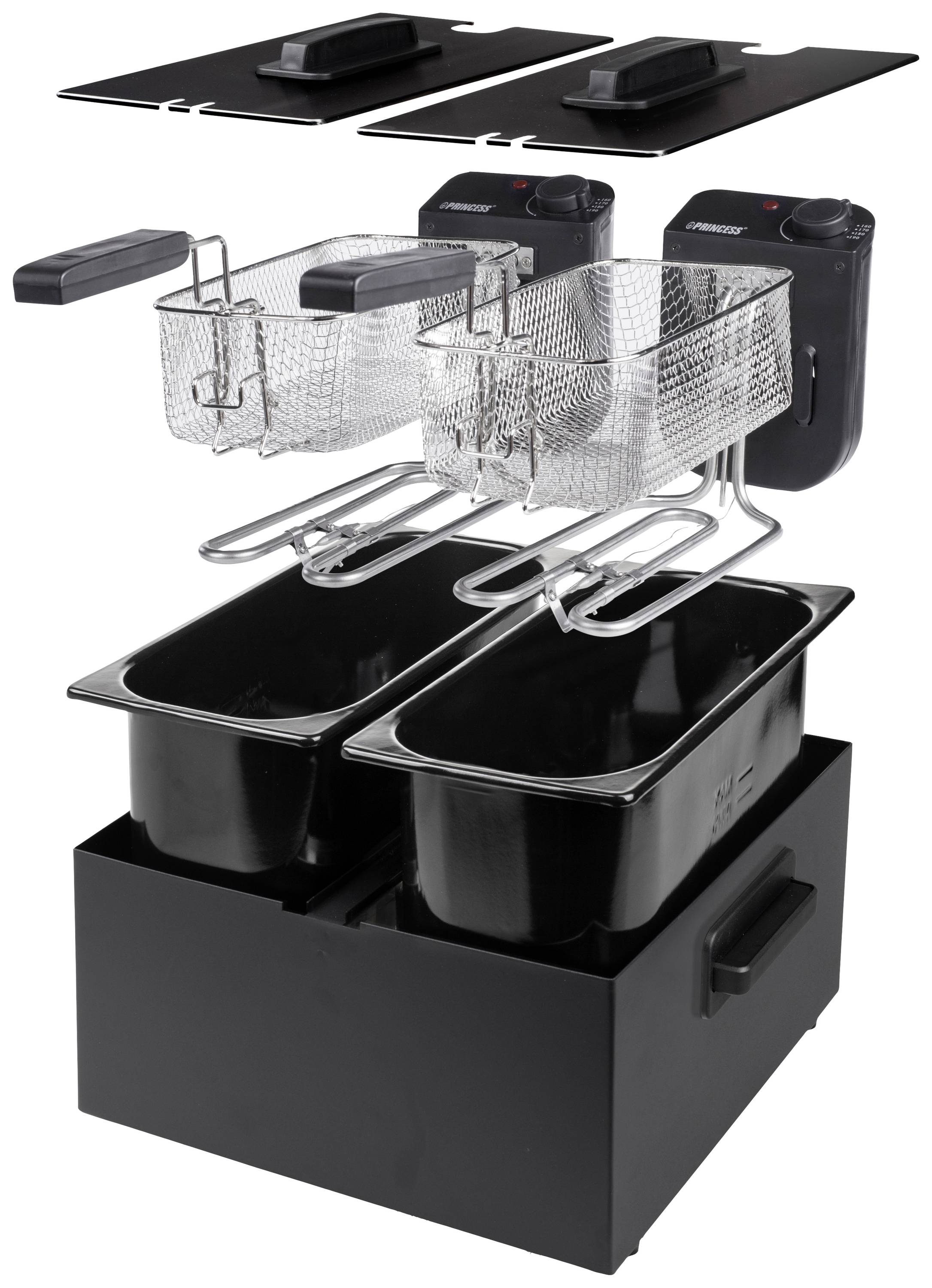Double deep fat fryer with two heating elements and baskets, ideal for simultaneous frying. Lid and handles removable for easy cleaning.