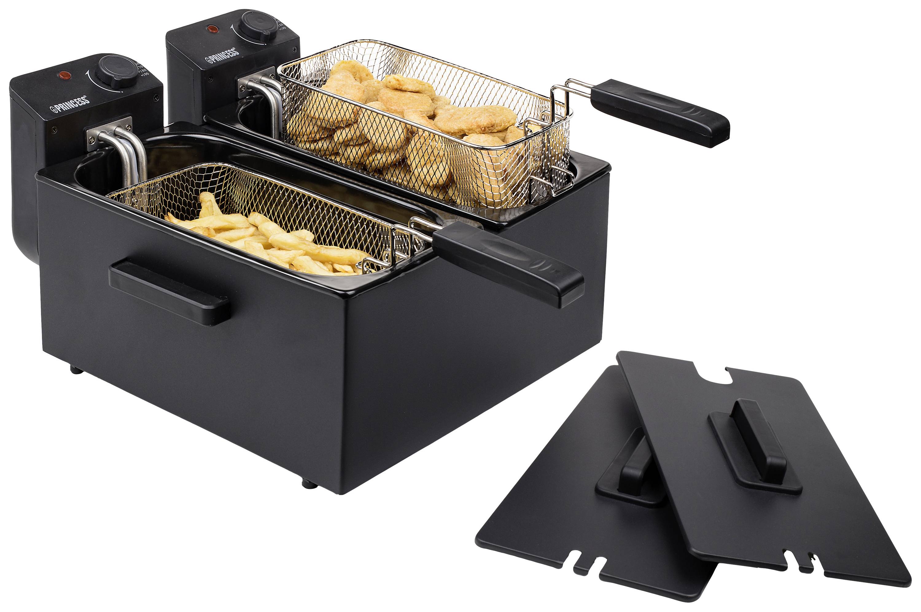 Double deep fat fryer with two baskets, filled with chips and chicken nuggets. Two control panels and two separate lids visible.