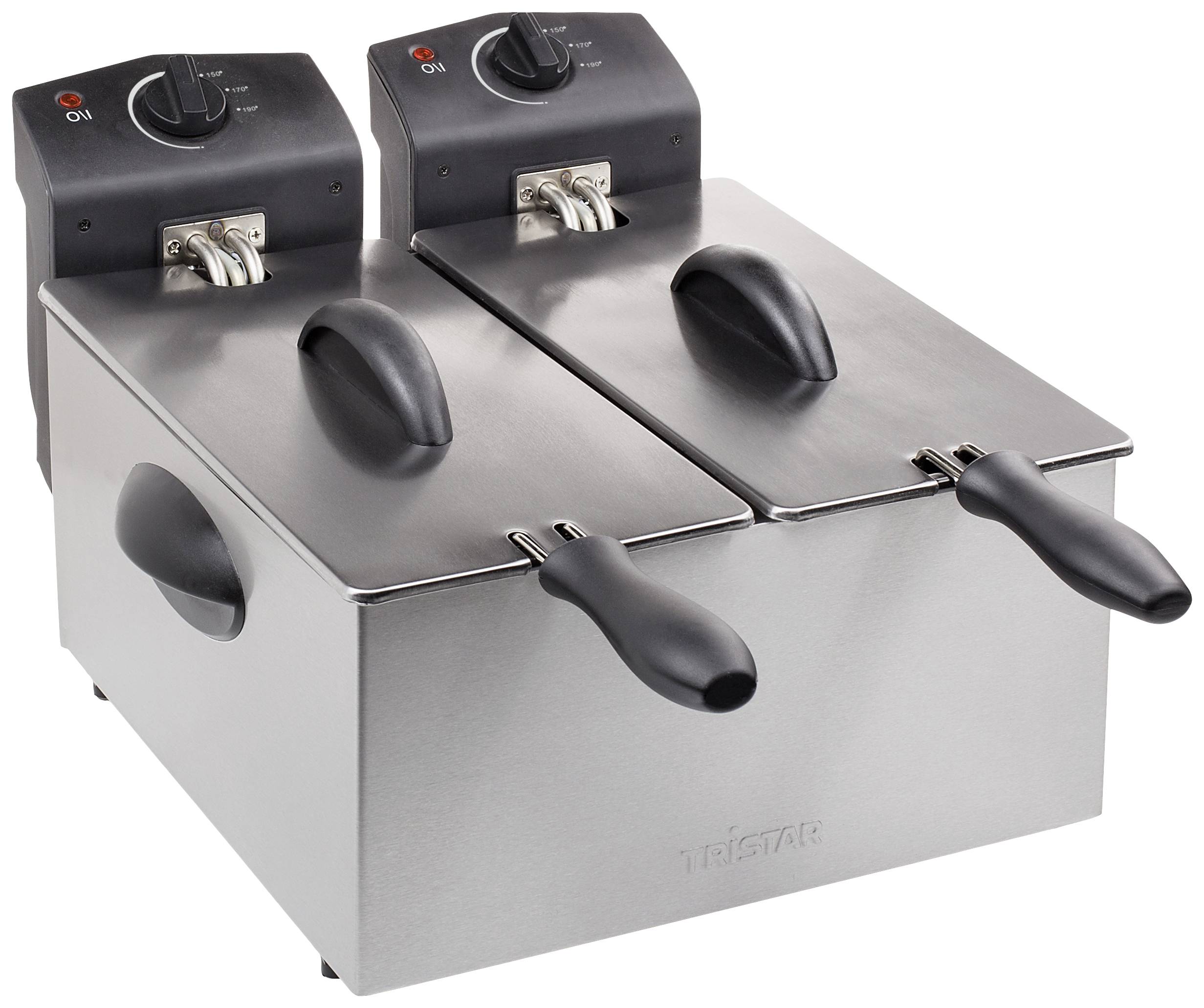 A double stainless steel deep fat fryer with two black handles and two control panels on the top.