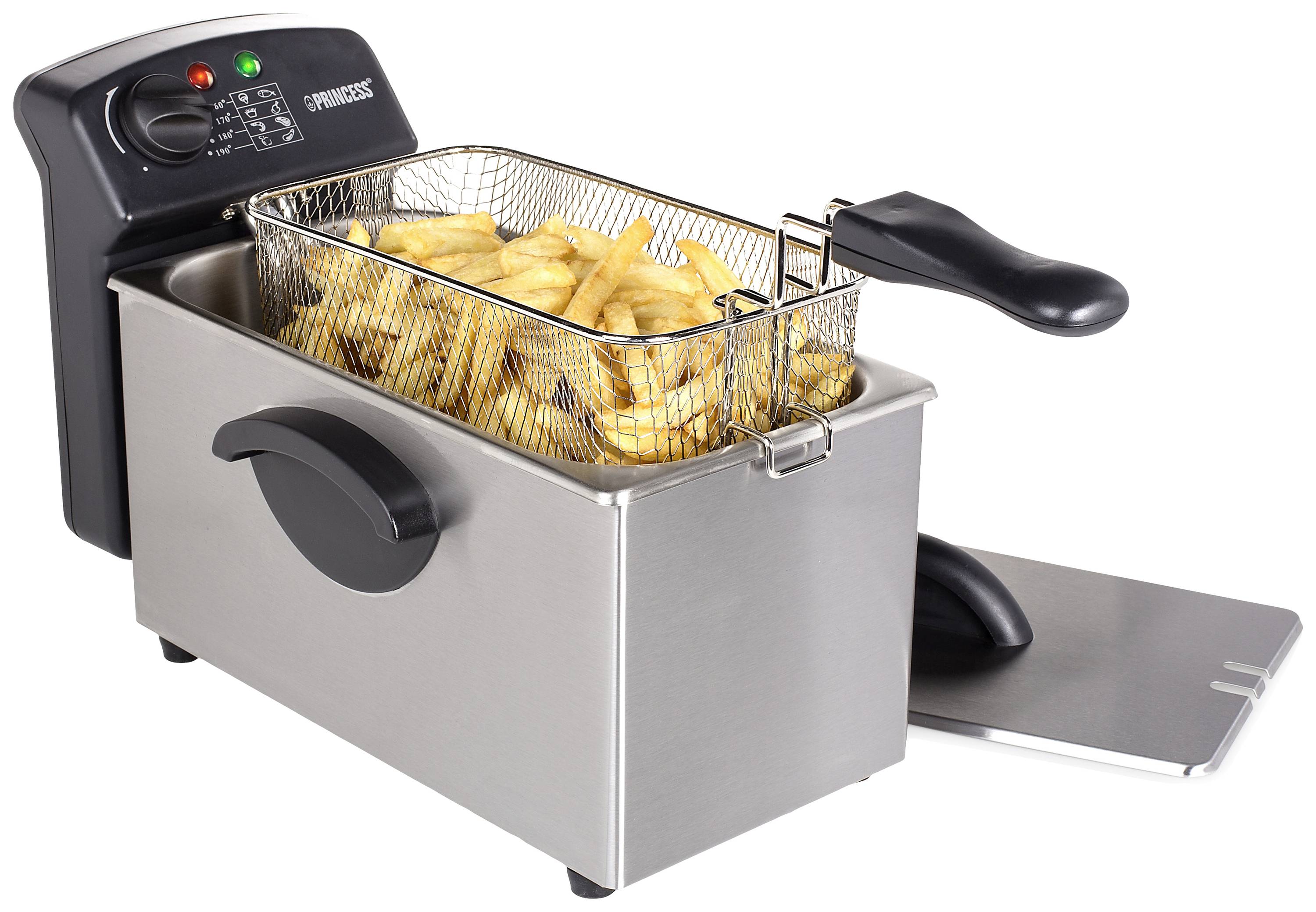 A stainless steel deep fat fryer with a basket full of freshly fried chips.