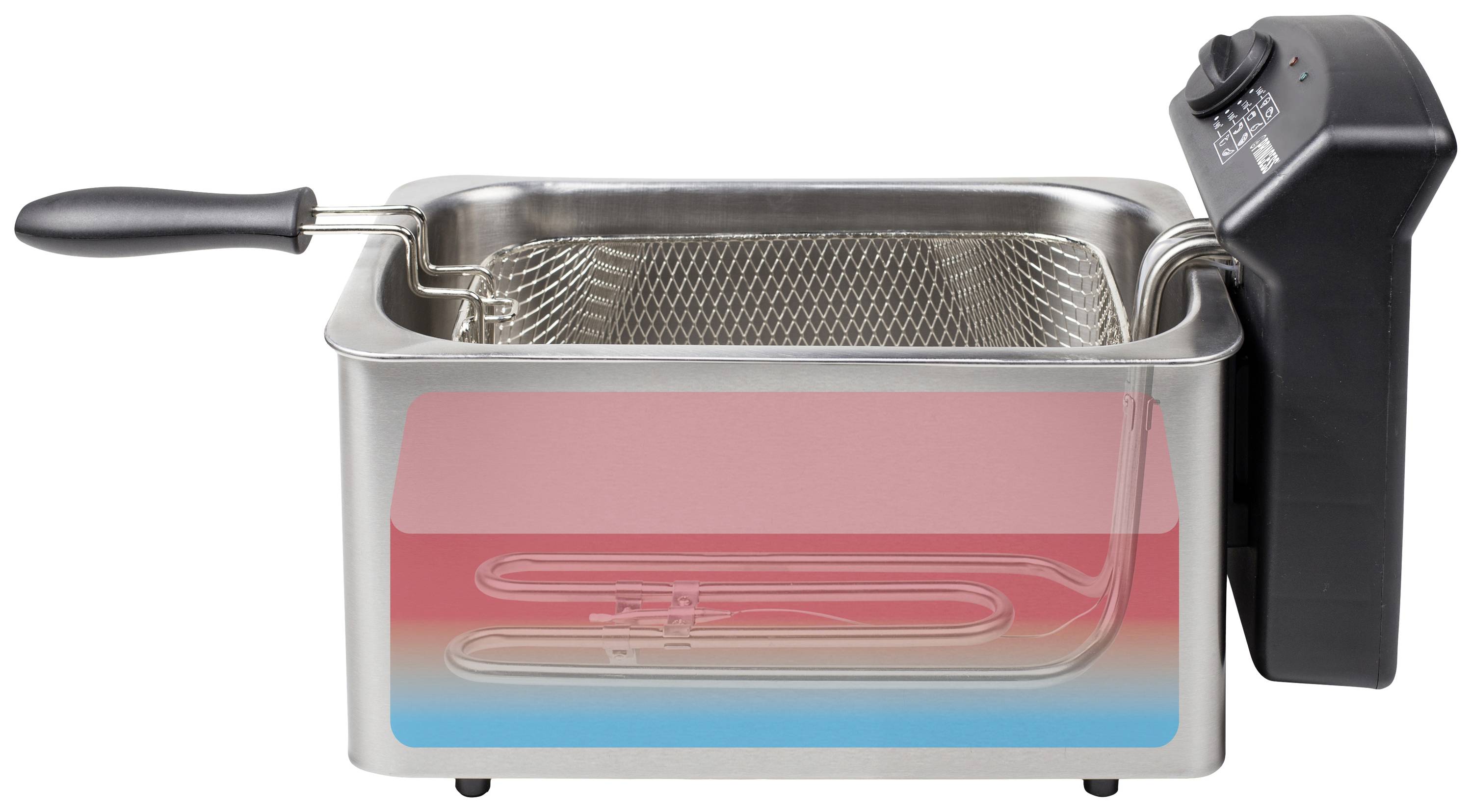Deep fat fryer with metal basket and heating element, displaying internal temperature zones.