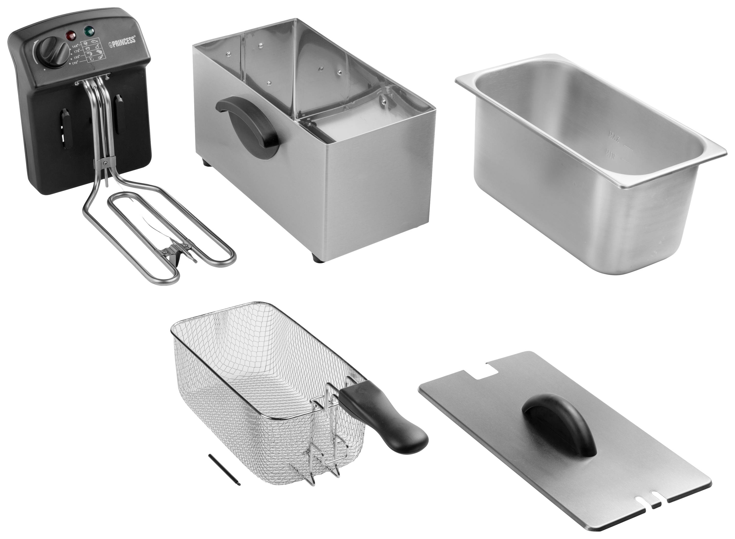 A detachable deep fryer set: heating device with temperature display, stainless steel container, frying basket with handle and lid. Ideal for preparing fried dishes.