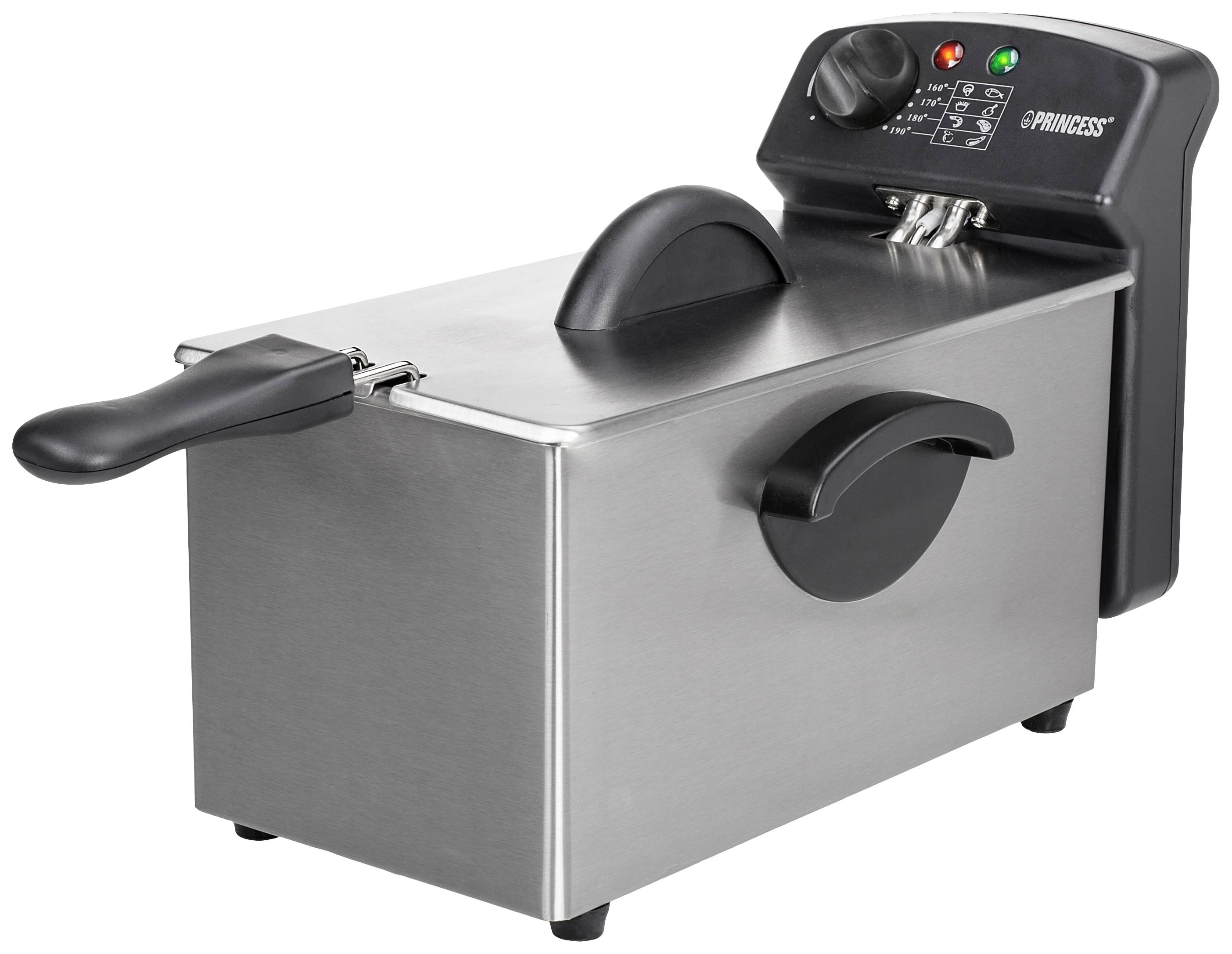Stainless steel deep fat fryer with black handle and control elements on top, two indicator lights for operation and temperature visible.