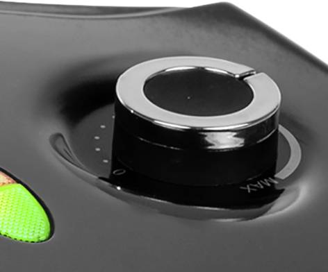 A black rotary dial on an electronic device, set between '0' and 'MAX'. A glowing green indicator is visible on the left.