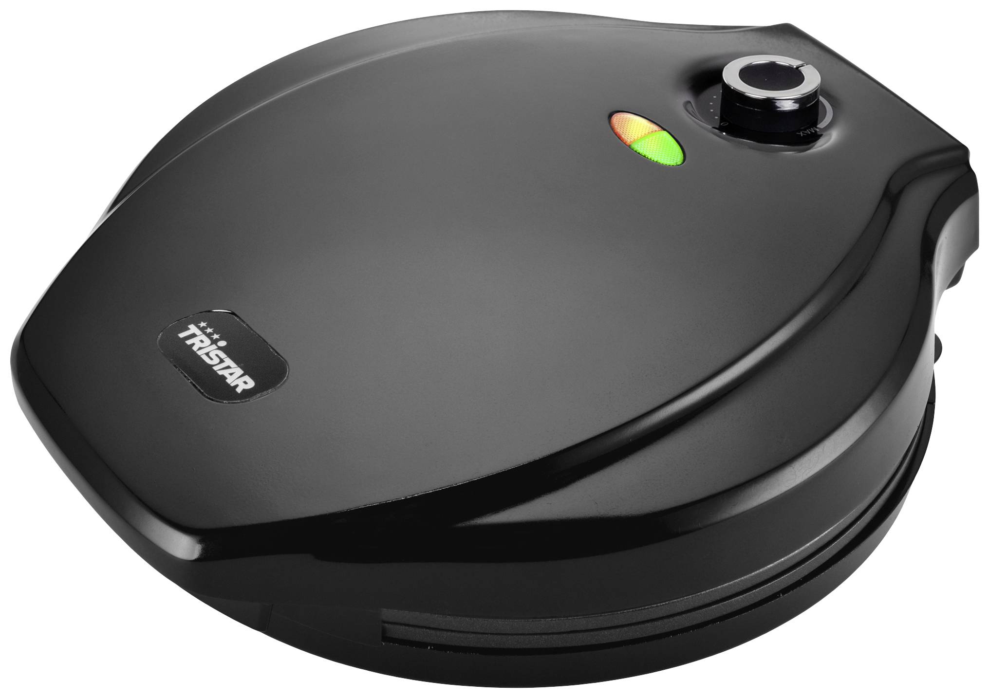 A black, round waffle maker with temperature control and two indicator lights for operational readiness and heating status.