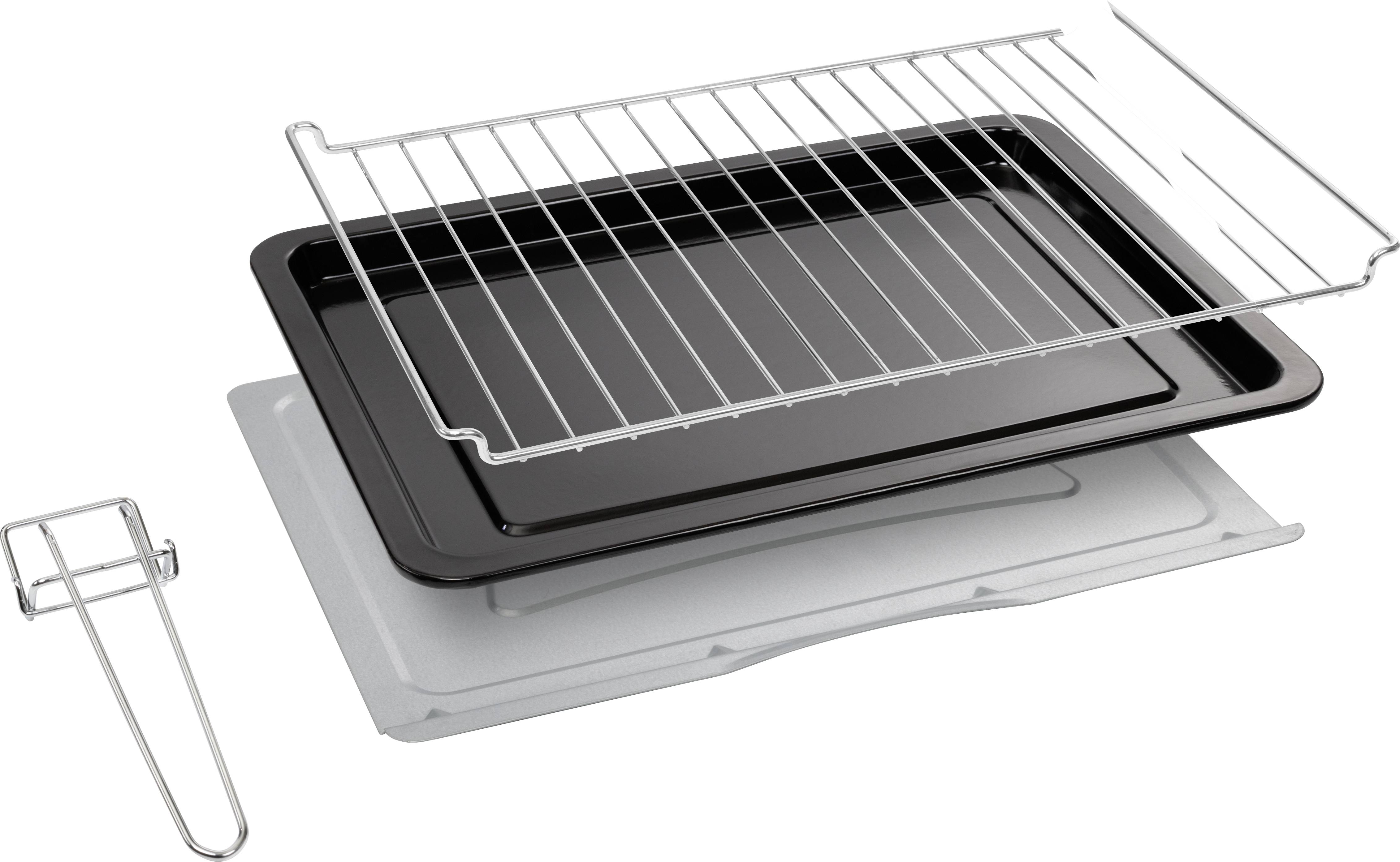Baking tray with grill rack and tongs, suitable for ovens. Includes a black drip tray, a silver wire grid shelf, and a holder.