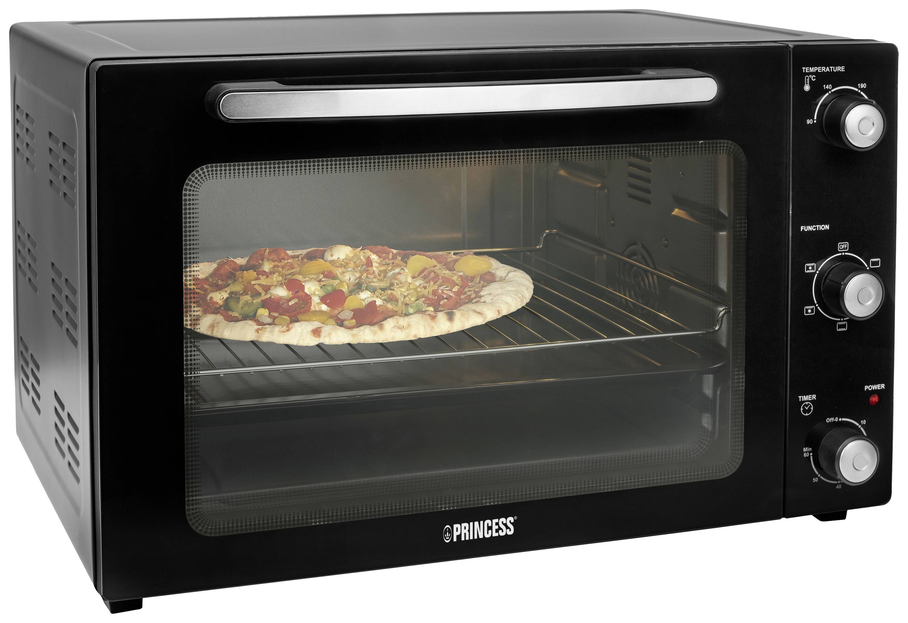 Black tabletop oven with glass door, pizza on the grill rack. Three rotary knobs on the right: temperature, function, timer. Brand name at the bottom.