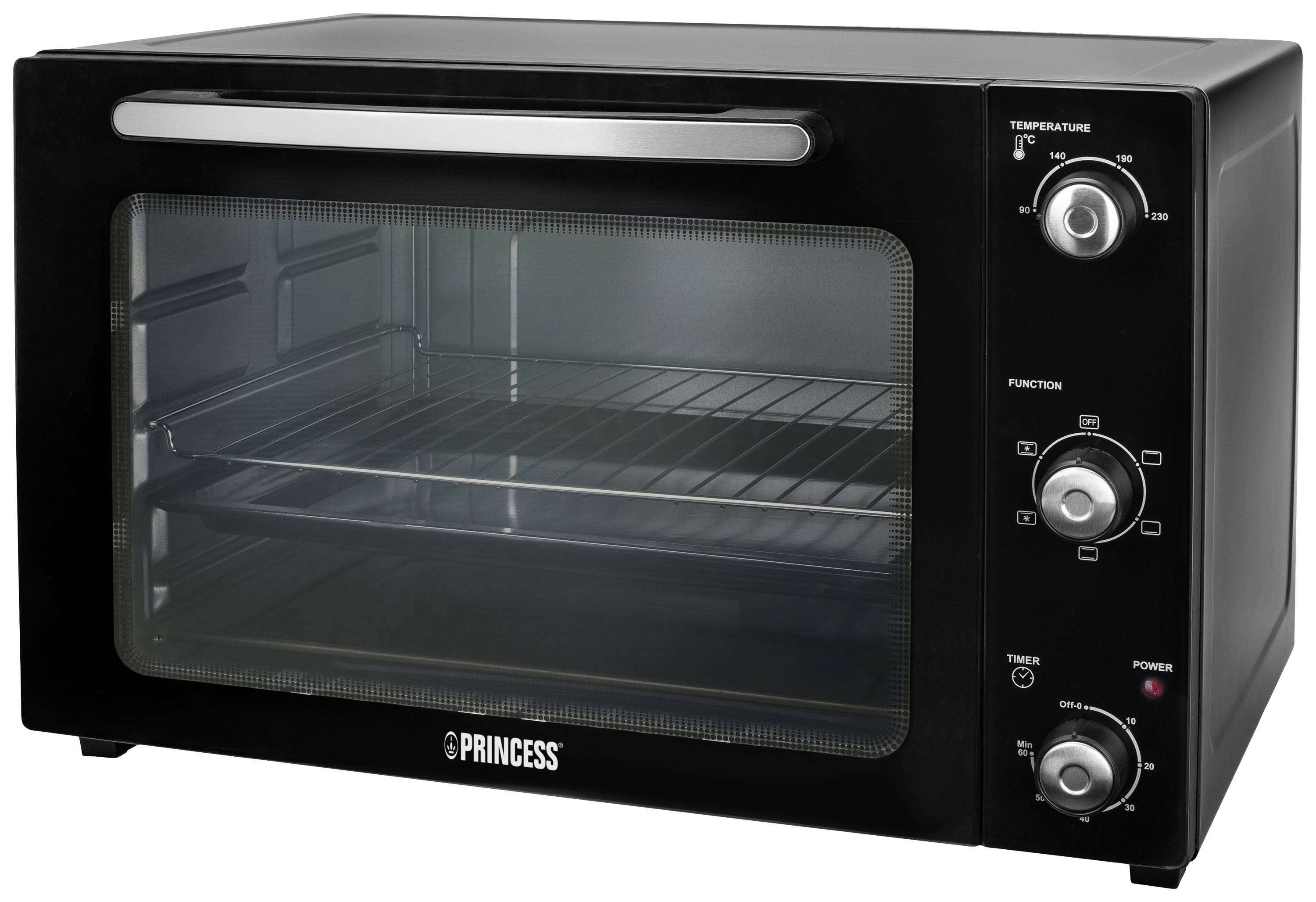 Electric oven with a black front, rotary knobs for temperature, function, and timer on the right side, glass door with handle.