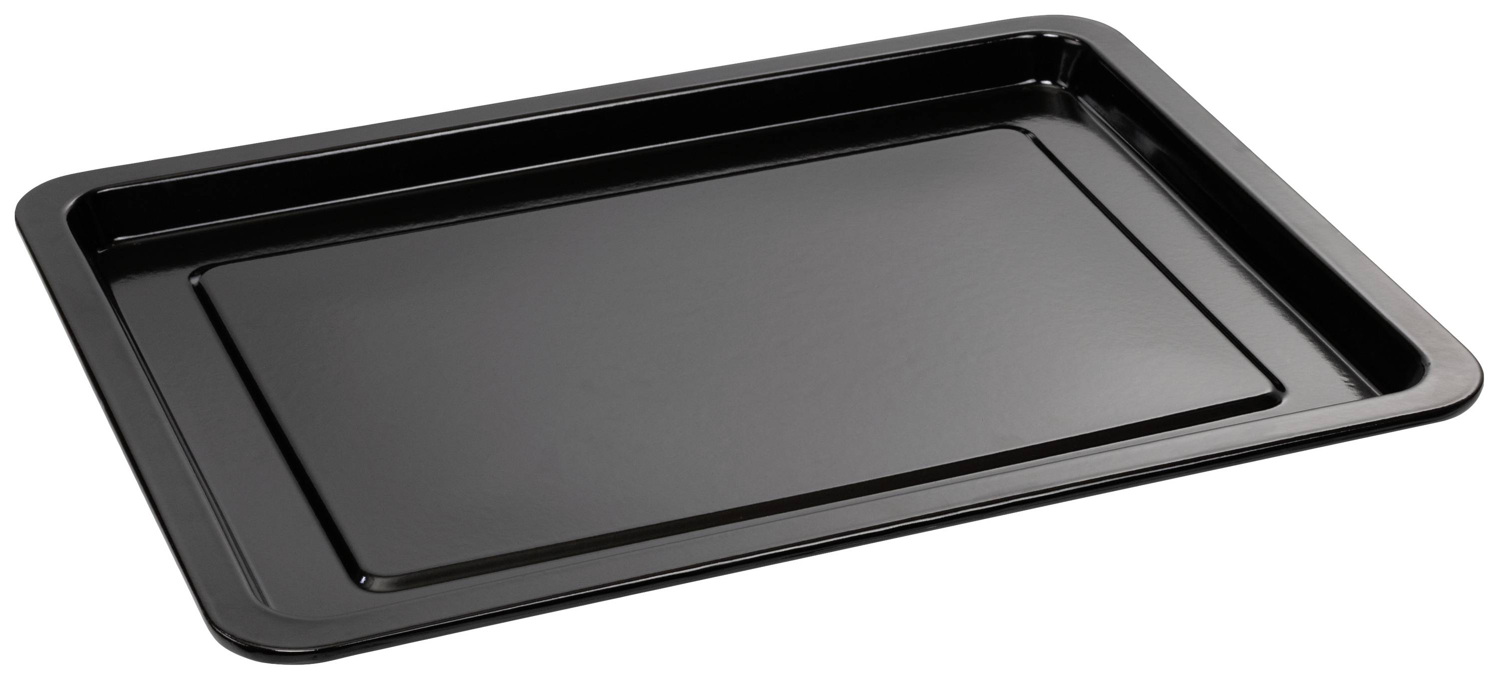 A rectangular, matte black baking tray with slightly raised edges is resting on a flat surface.