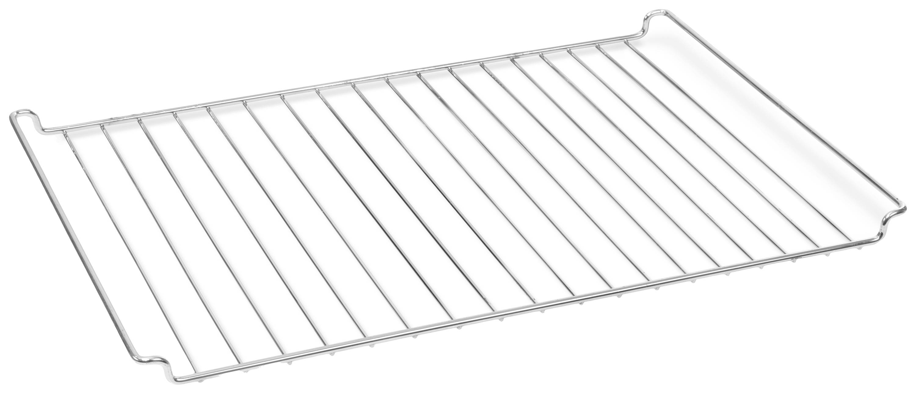 A silver oven rack with multiple parallel bars in a rectangular shape.