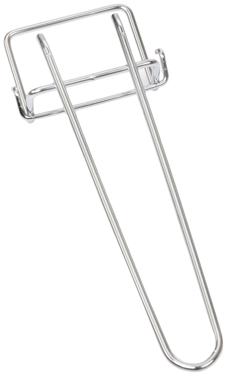 A silver metal key fob in the shape of a hook with a rectangular attachment clip at the top end. Perfect for key bunches.