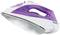 A purple and white steam iron shows the underside of the soleplate and steam outlet system.