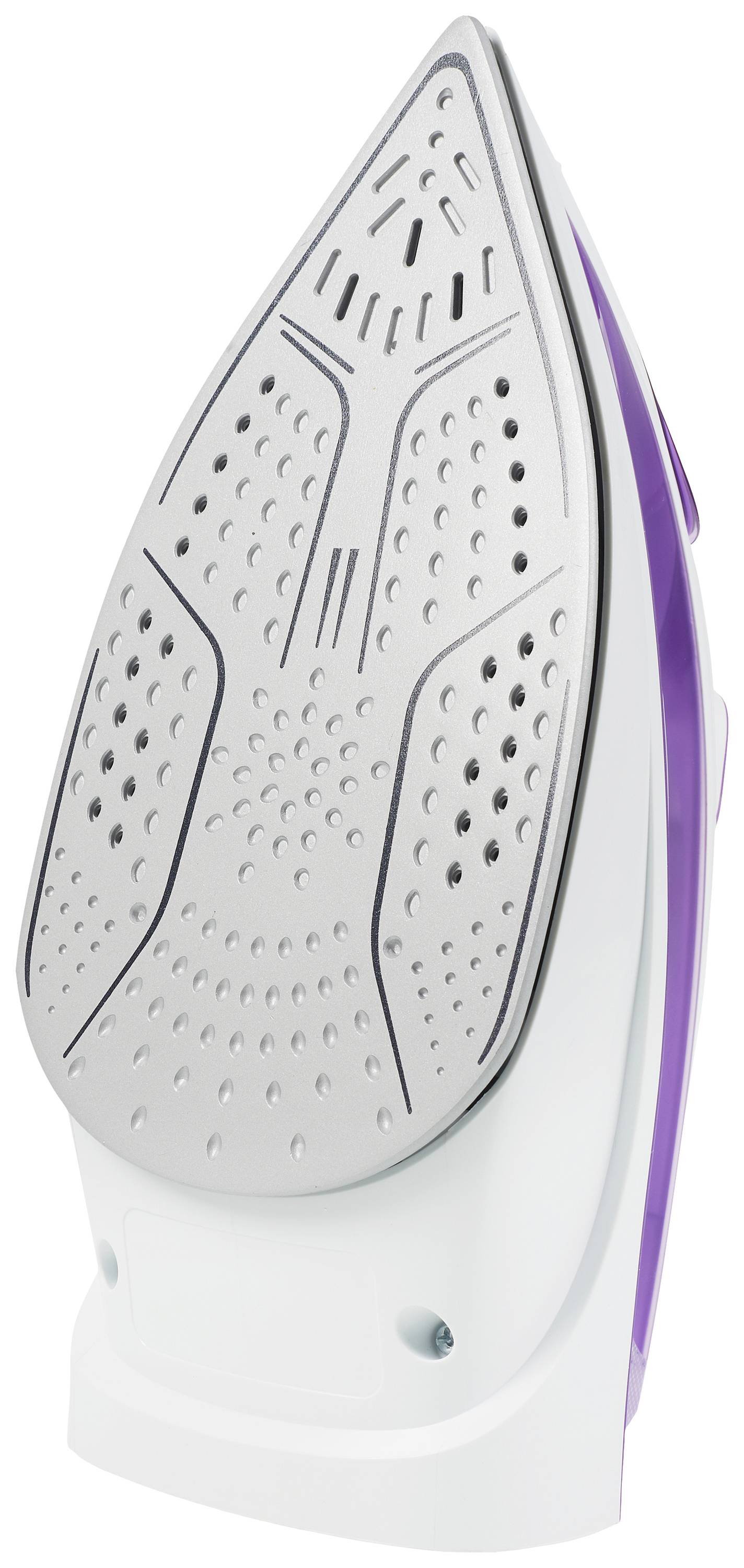 Iron with lilac accents, showing the sole plate with holes and grooves designed to enhance steam pressing and gliding properties.