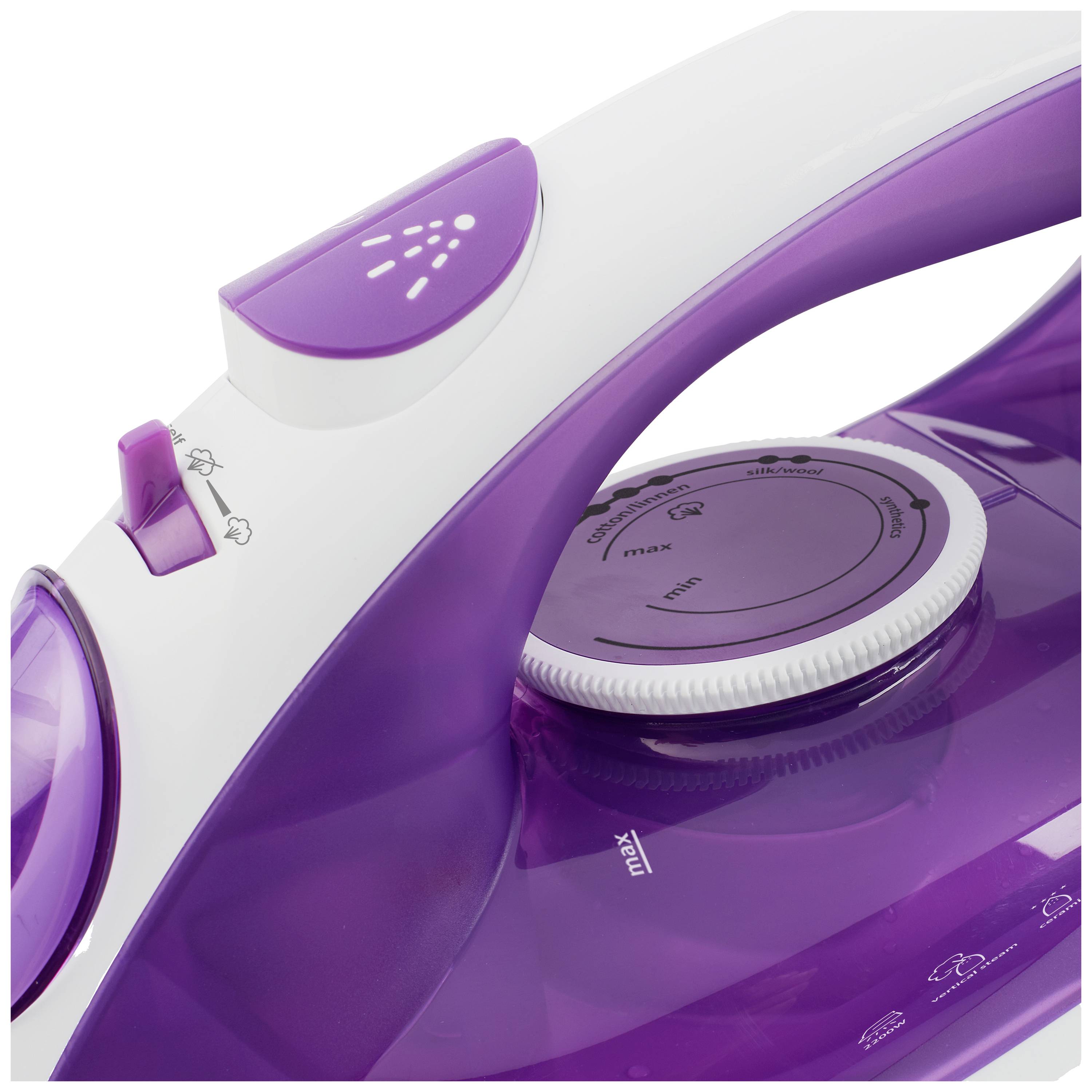 Lilac-white steam iron with temperature control.