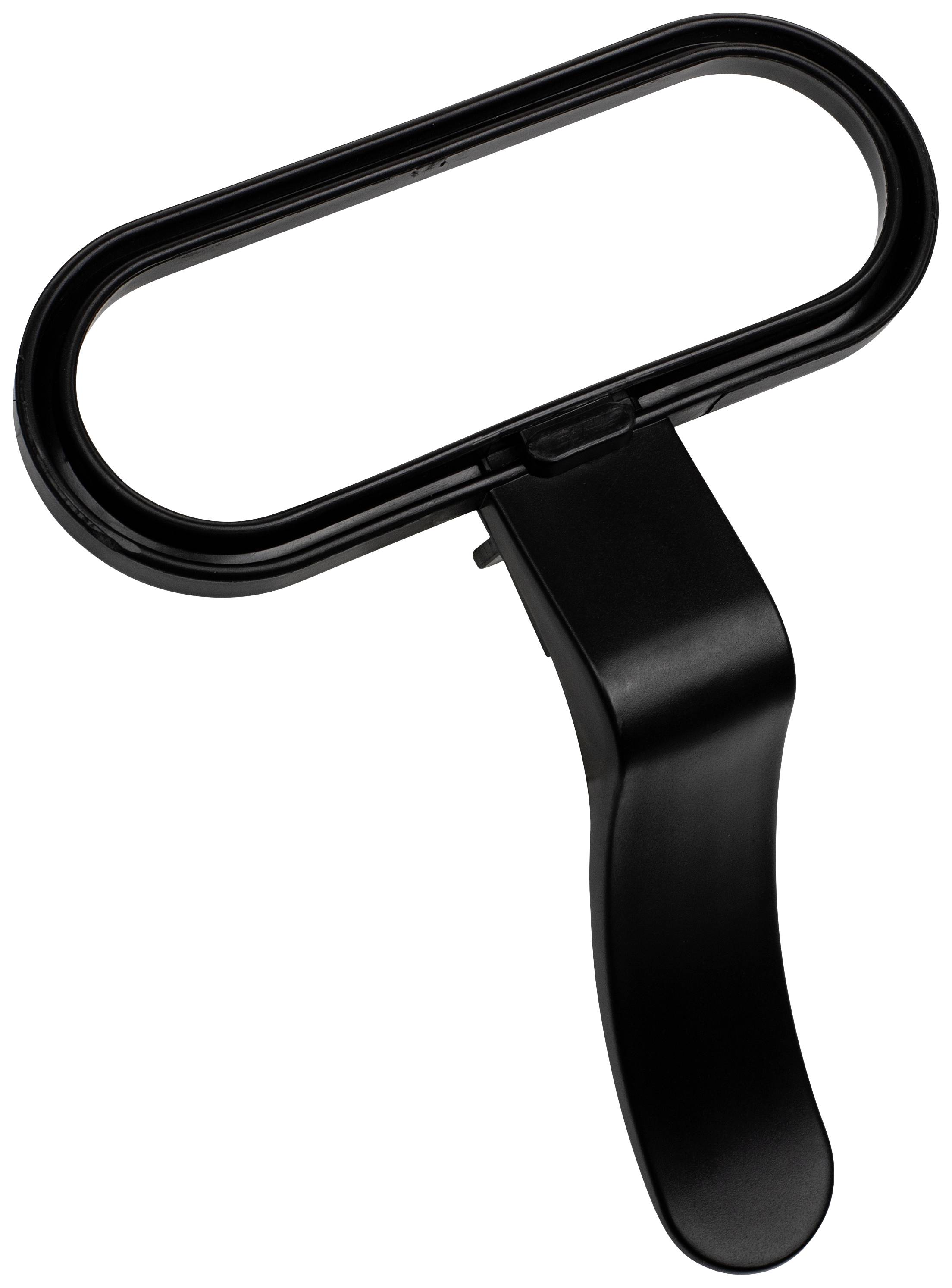 A black, oval window handle made of plastic with an ergonomic shape for easy grip, for use on windows or doors.