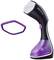 Handheld steamer in black and lilac with a removable brush attachment, for smoothing and refreshing clothing.