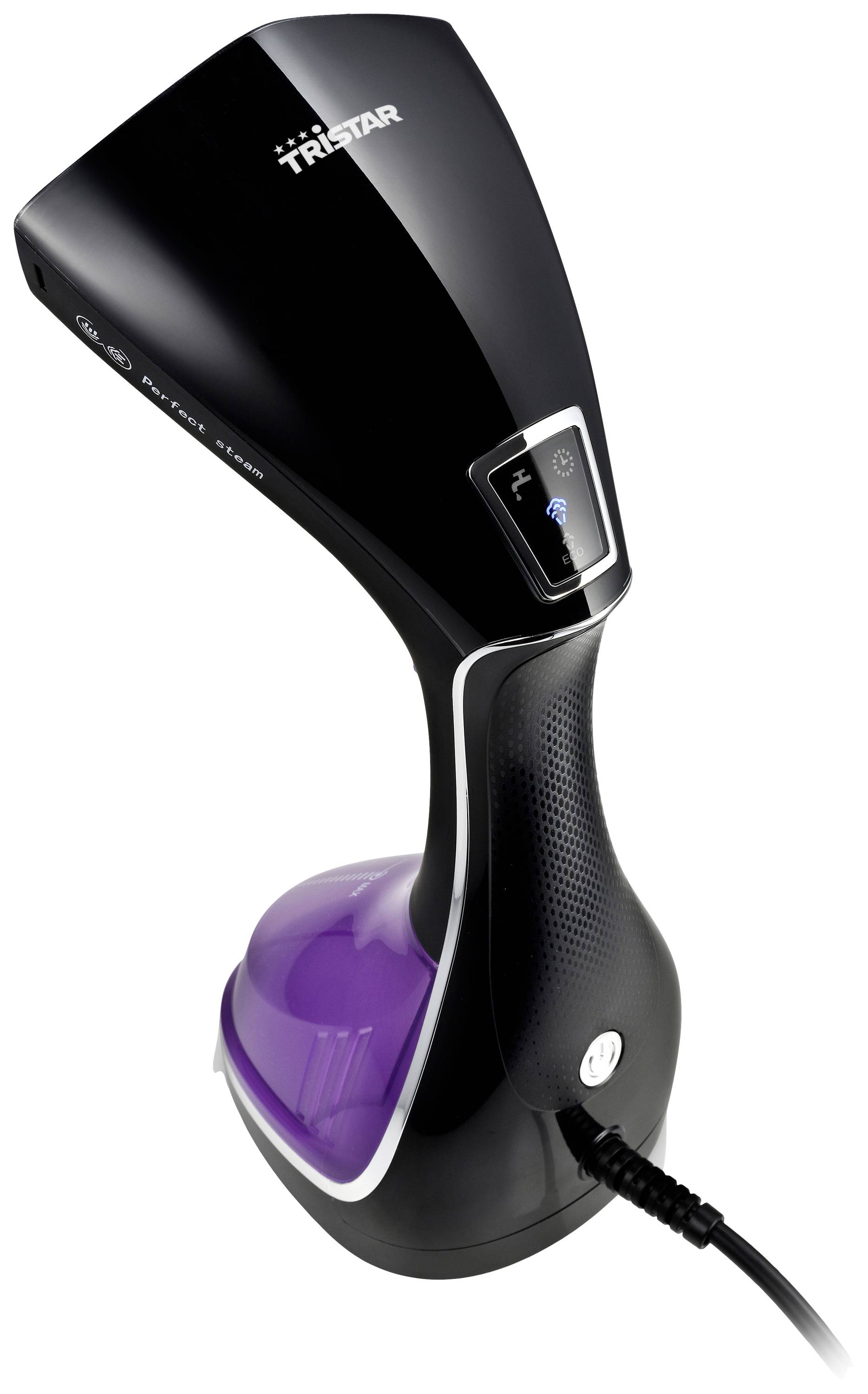A black, compact steamer with a purple water tank and control buttons on the front, perfect for smoothing clothing.