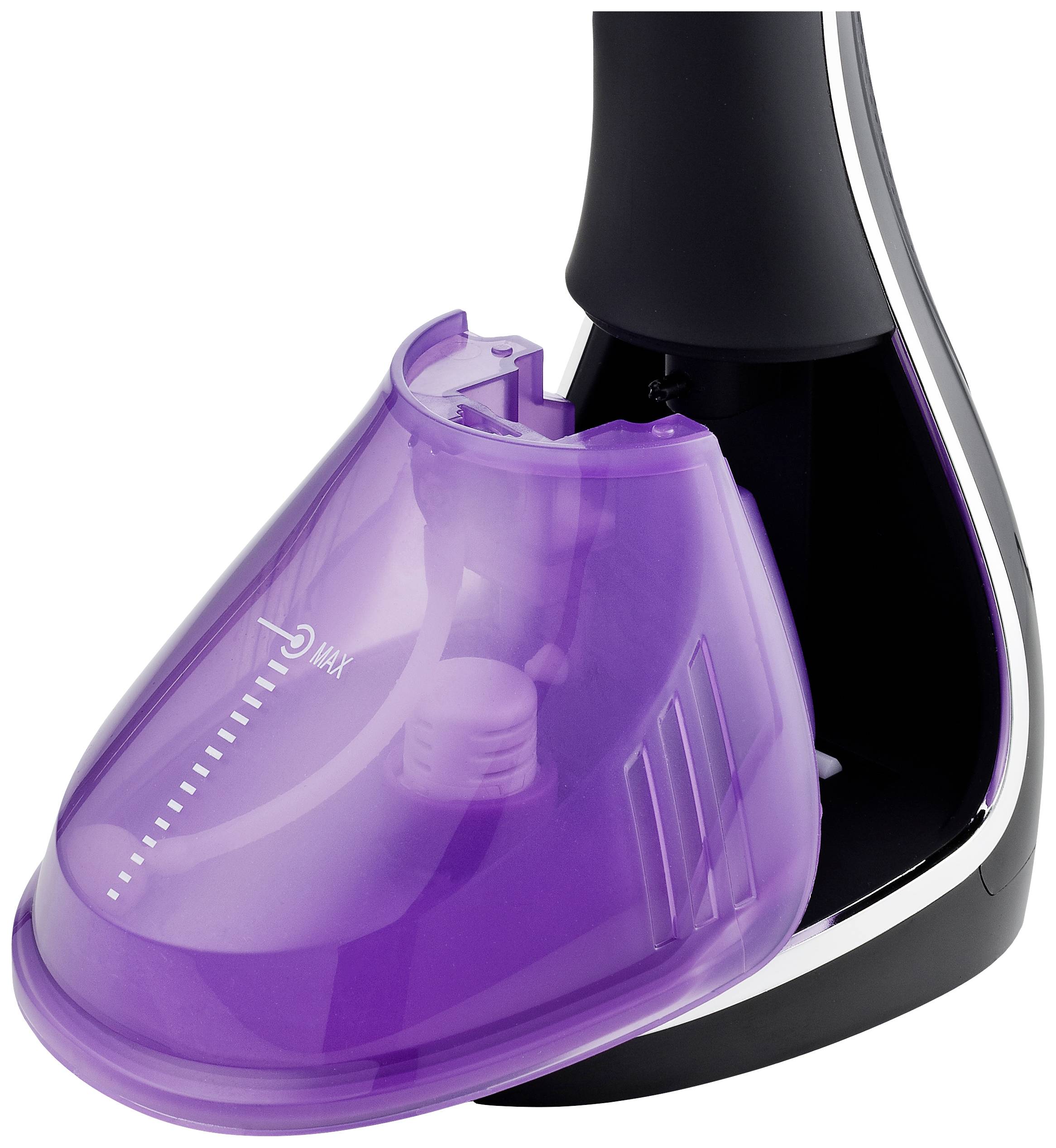 A purple water tank of a steam iron next to the black casing. The water tank shows a maximum marking.