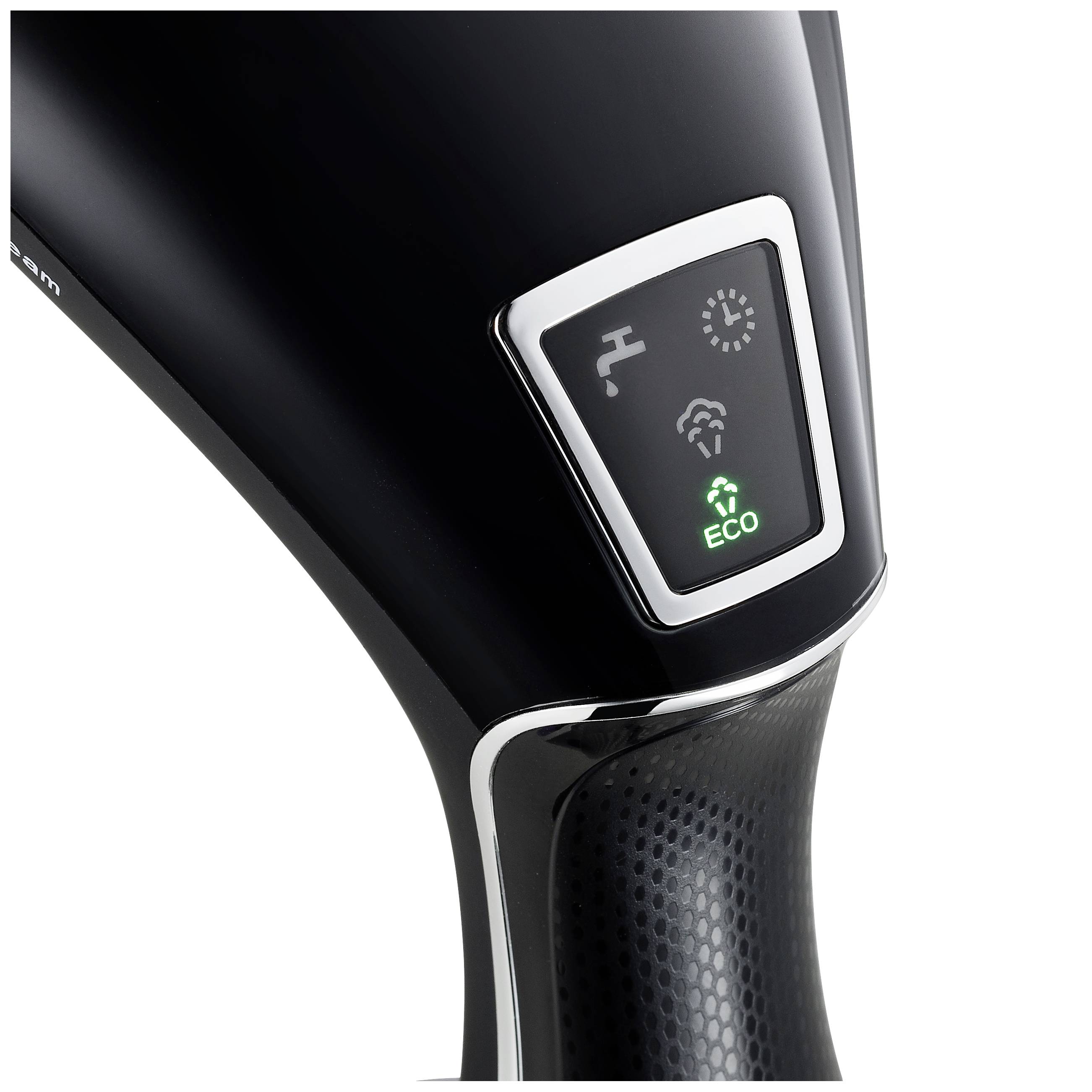 Close-up of a modern shower head with LED display, showing symbols for water jet types and a glowing ECO light indicating efficiency.