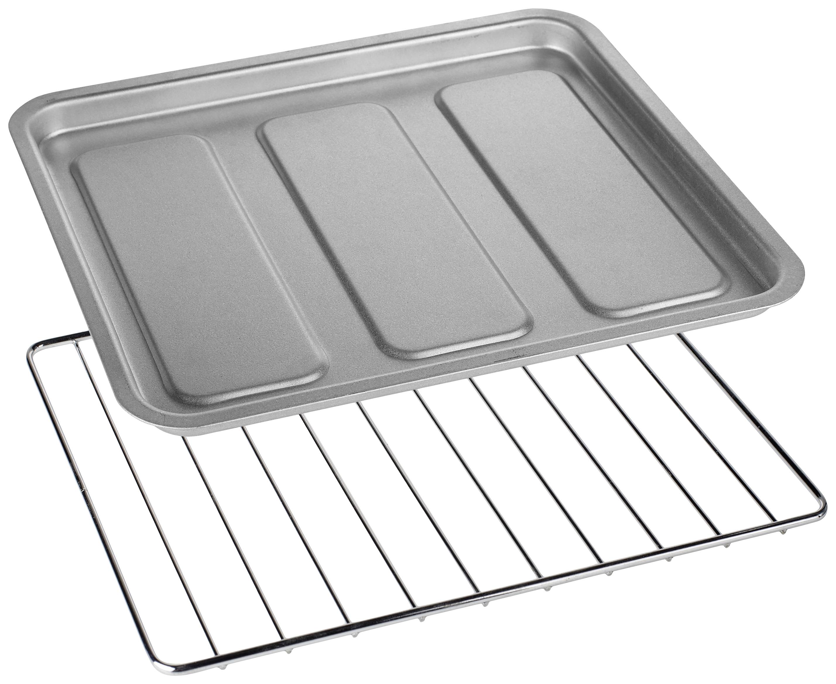 A metal baking tray and grill rack displayed side by side.