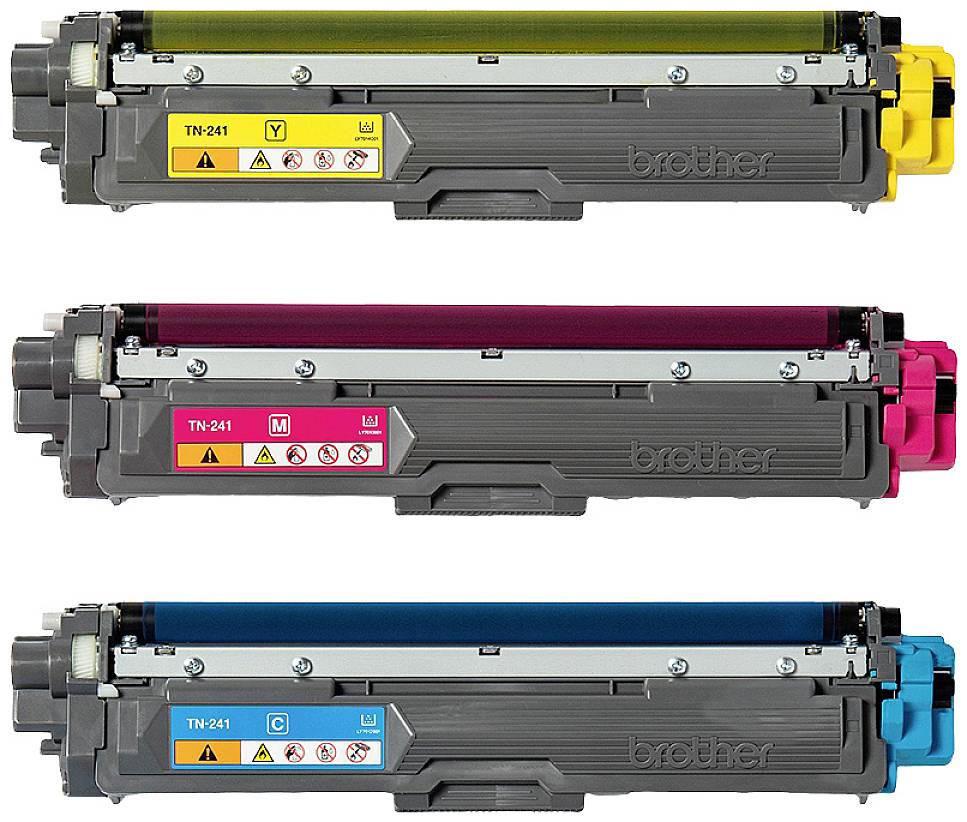 Three printer cartridges in Yellow, Magenta and Cyan from Brother, Model TN-241, arranged side by side.