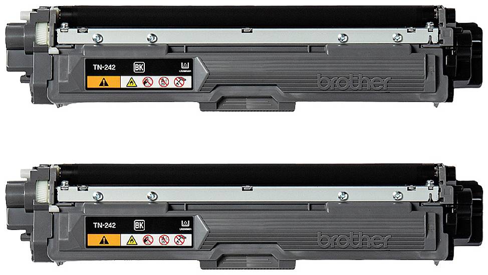 Two black toner cartridges (Model: TN-242, Brand: Brother) are lying side by side. Warning symbols and 'BK' designation visible.