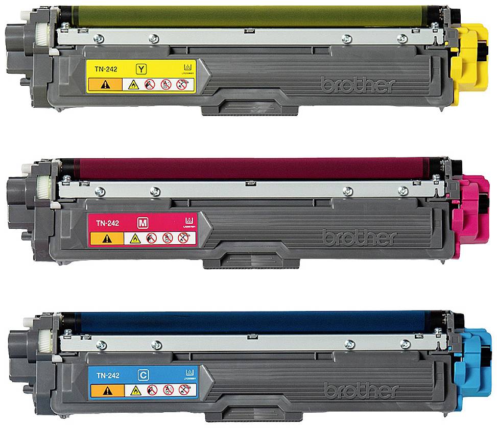 Three Brother printer toner cartridges in Yellow, Magenta and Cyan, arranged vertically from top to bottom.