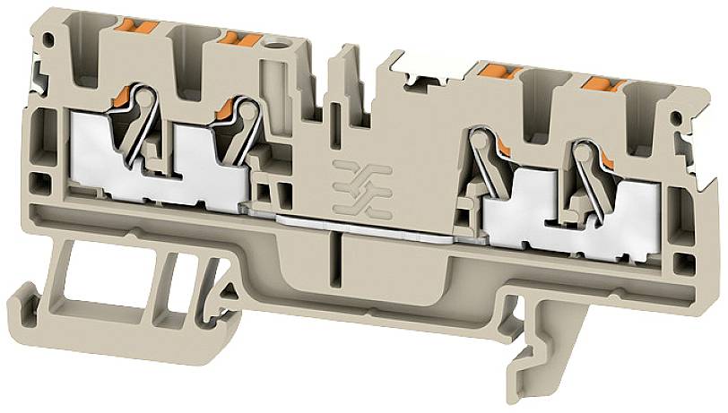 A multi-layered electrical plug connector in beige, with two metal clips and orange elements, for wire connections.