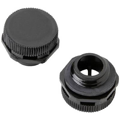 Two black plastic screw caps with ridged edges, one closed, the other open.