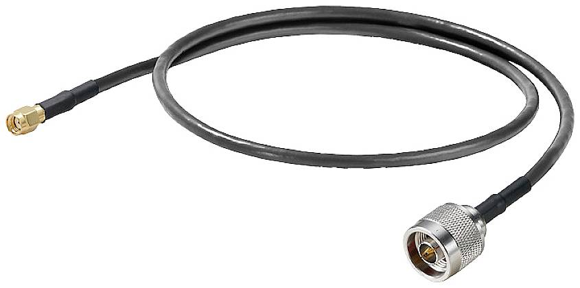 A coaxial cable with a smaller and a larger plug, used for transmitting high-frequency signals.